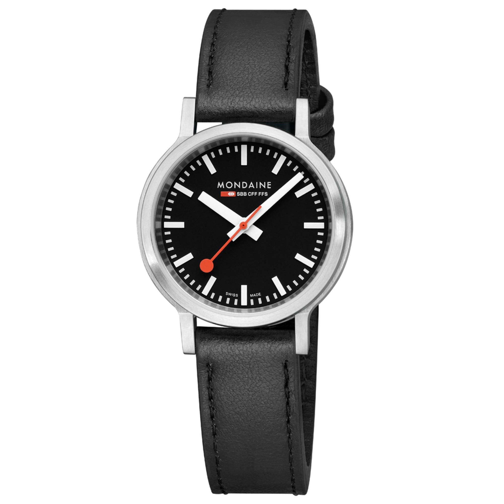 Mondaine stop2go Quartz Black Dial Black Vegan Grape Leather Strap Unisex Watch MST.34020.LBV.SET