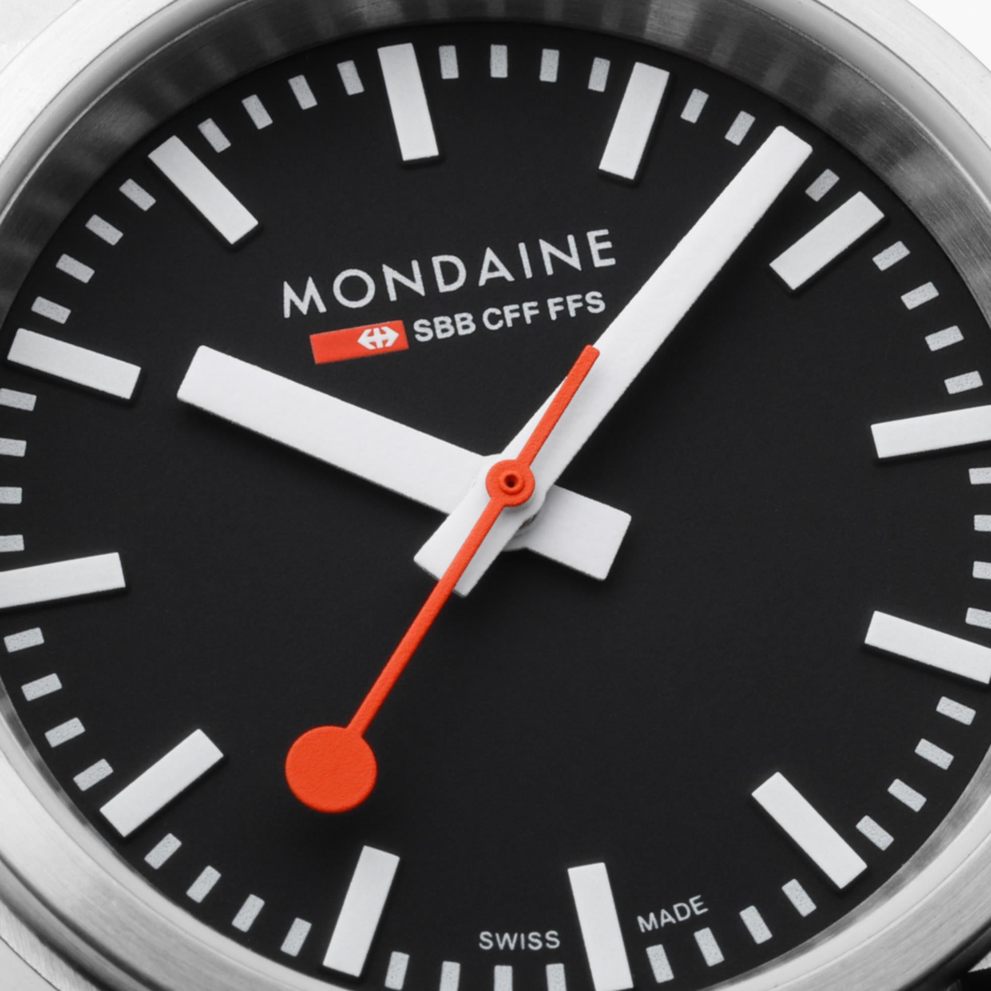Mondaine stop2go Quartz Black Dial Black Vegan Grape Leather Strap Unisex Watch MST.34020.LBV.SET