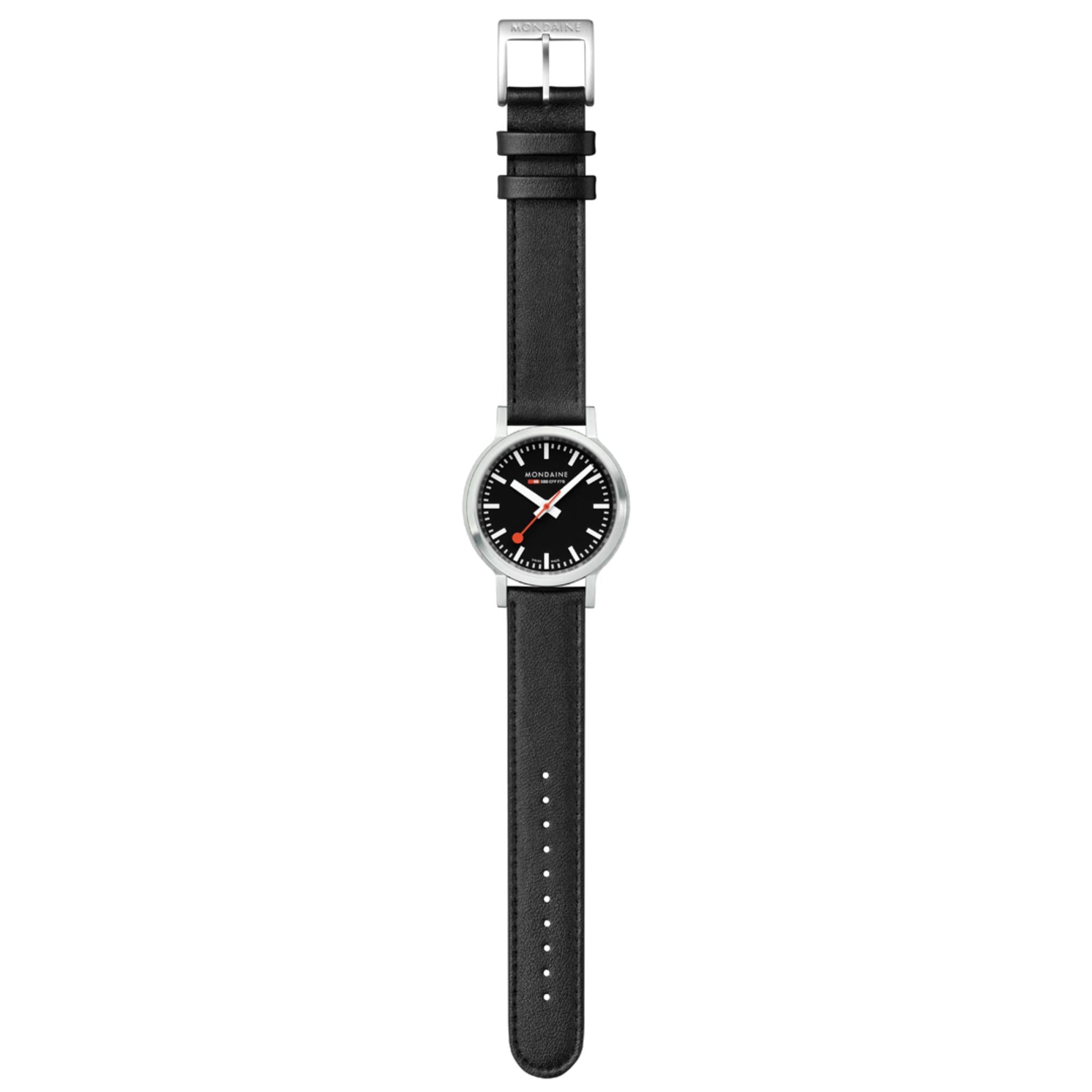 Mondaine stop2go Quartz Black Dial Black Vegan Grape Leather Strap Unisex Watch MST.34020.LBV.SET