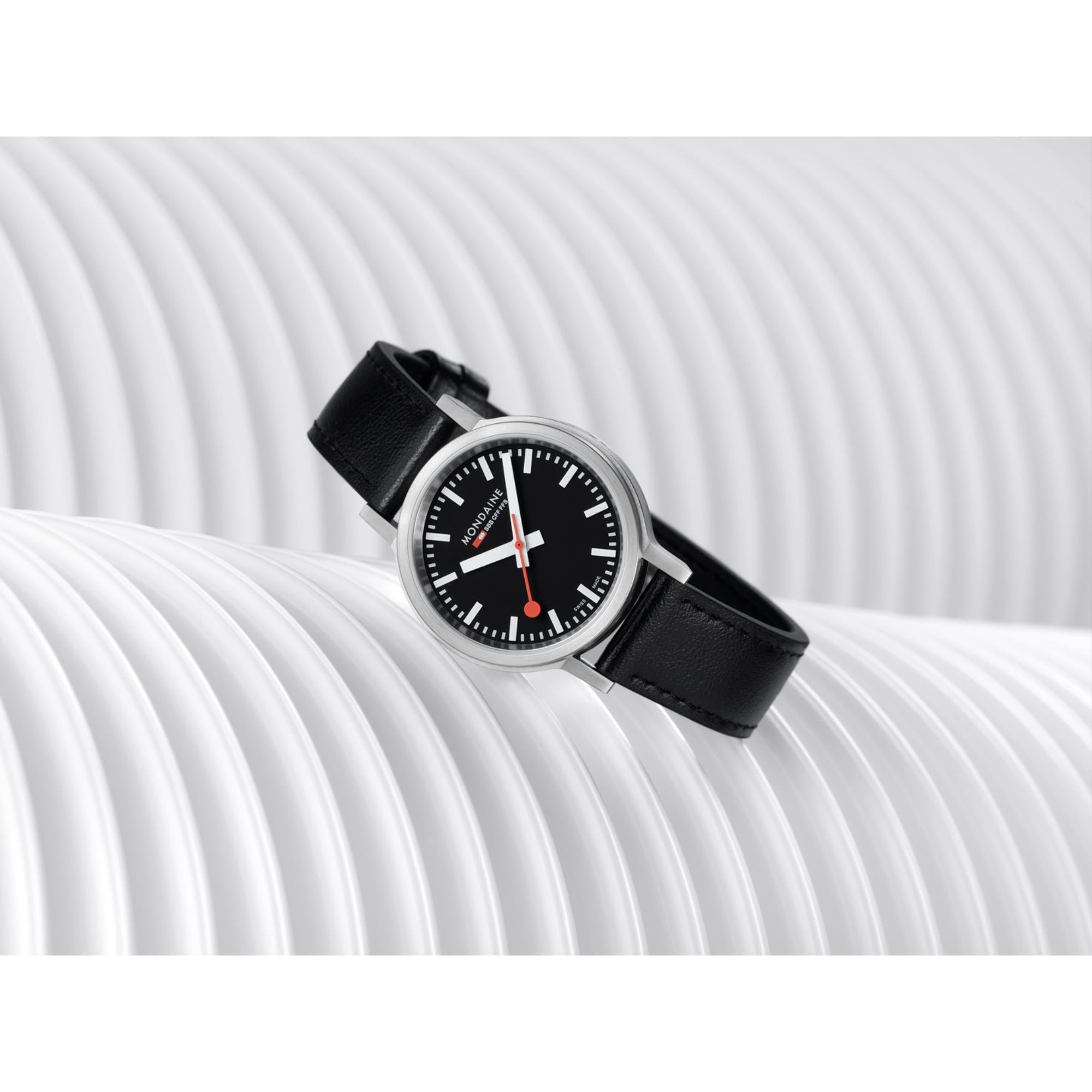 Mondaine stop2go Quartz Black Dial Black Vegan Grape Leather Strap Unisex Watch MST.34020.LBV.SET