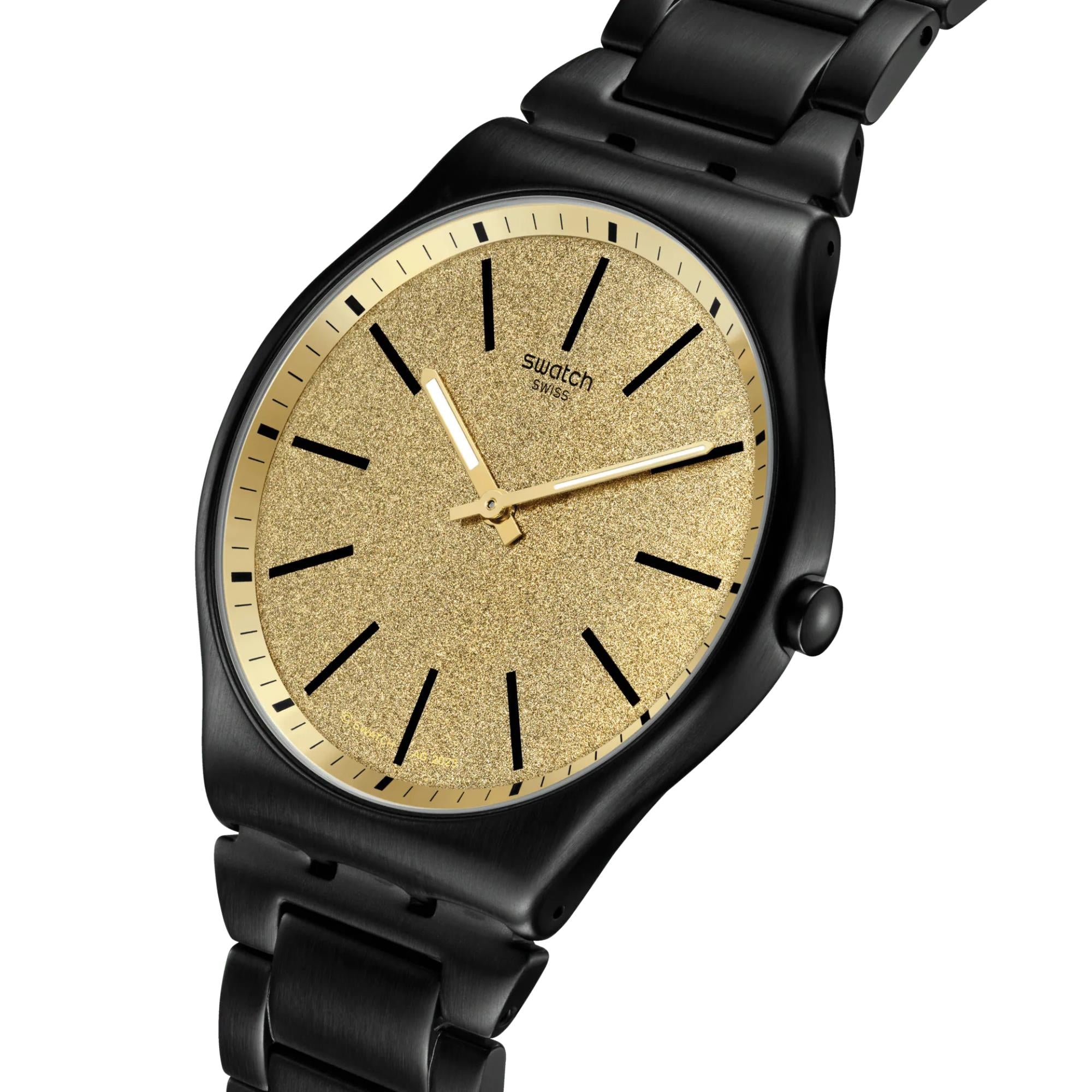 Swatch Holiday Collection Dashing Slate Quartz Gold Dial Black PVD Stainless Steel Case Unisex Watch SS07B109G