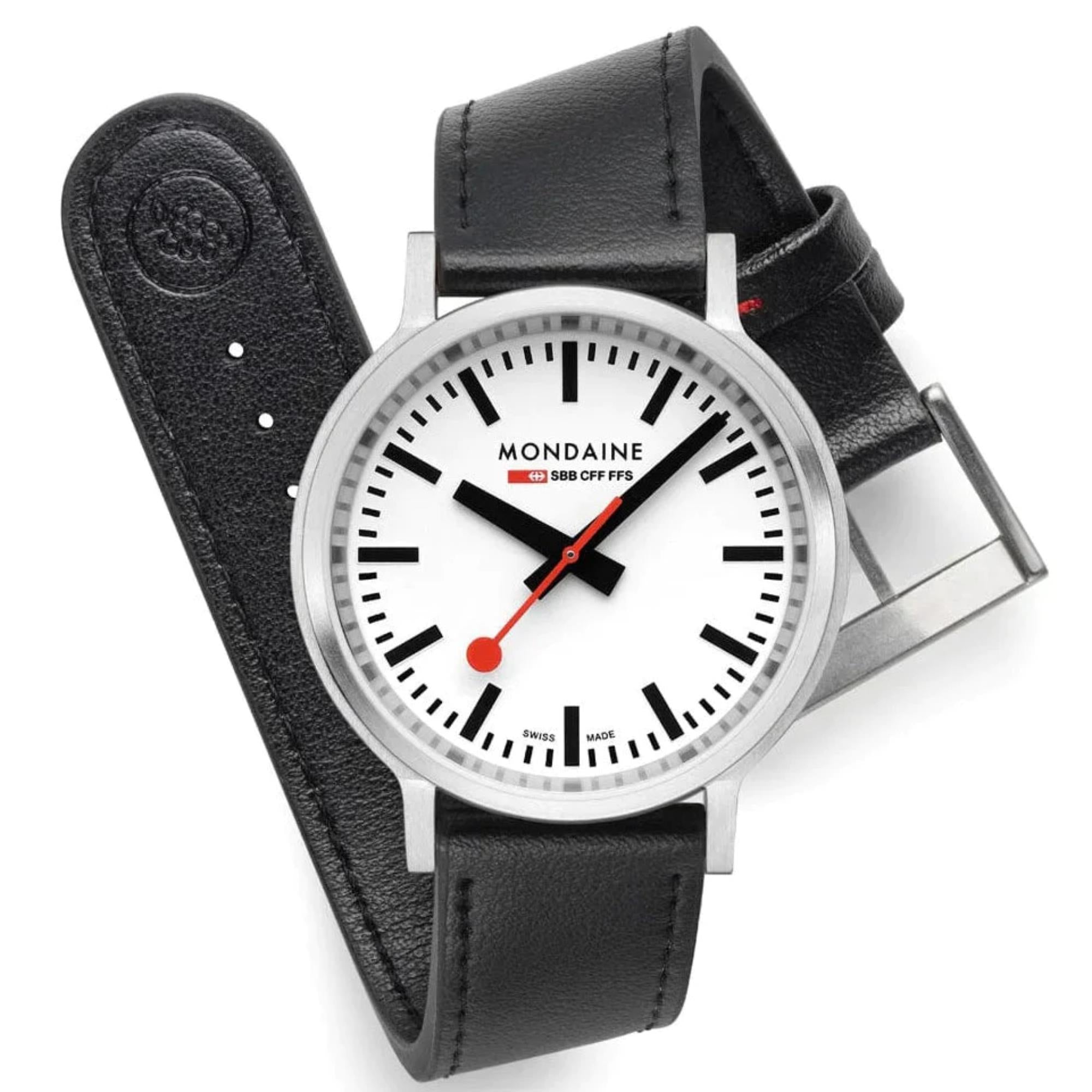 Mondaine stop2go Quartz White Dial Black Vegan Grape Leather Strap Unisex Watch MST.4101B.LBV.2SE