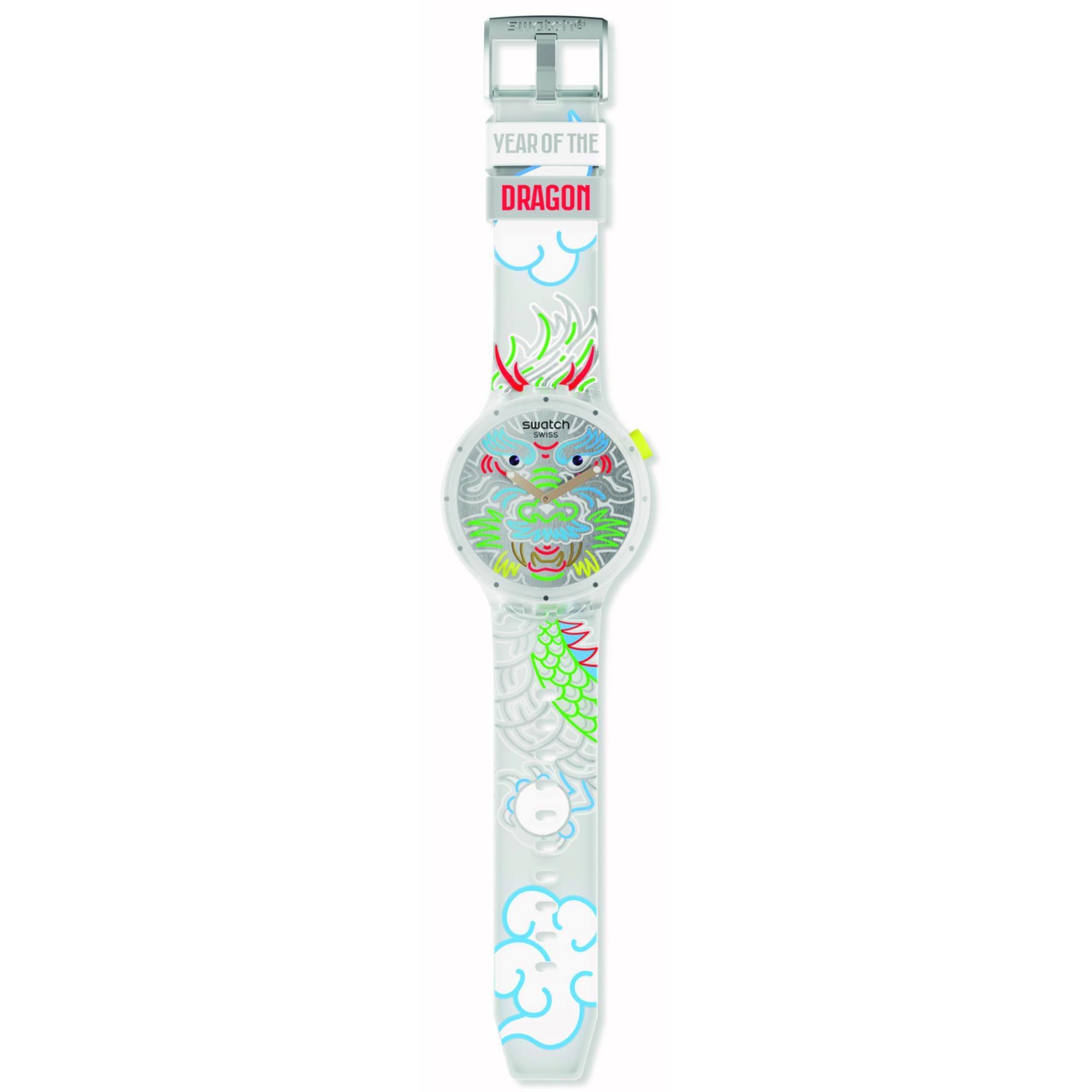 Swatch Dragon In Cloud Quartz Silver Dial Transparent Silicone Strap Unisex Watch SB05Z102