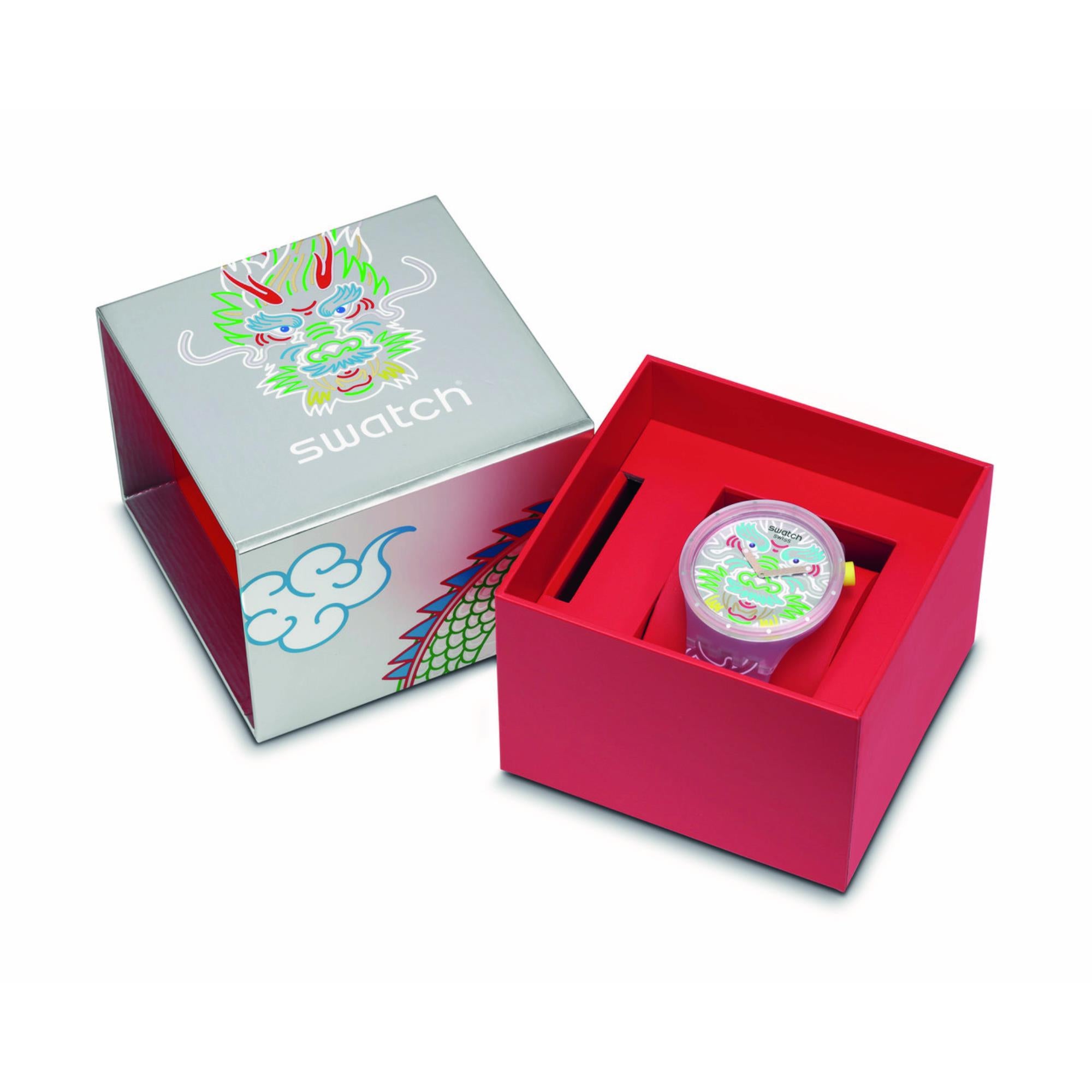 Swatch Dragon In Cloud Quartz Silver Dial Transparent Silicone Strap Unisex Watch SB05Z102