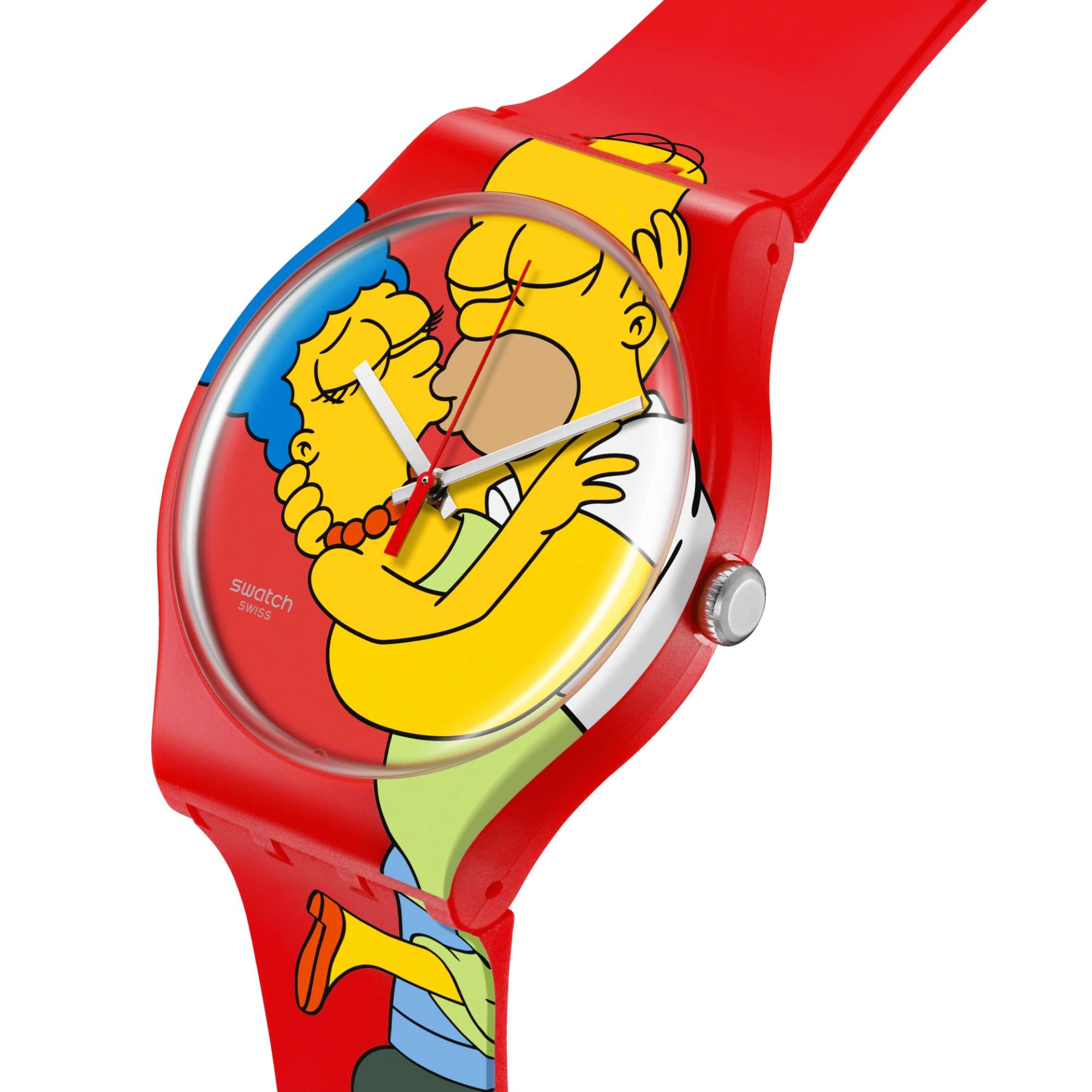 Swatch The Simpsons Collection Sweet Embrace Quartz Red Dial Silicone Strap Unisex Watch SO29Z120