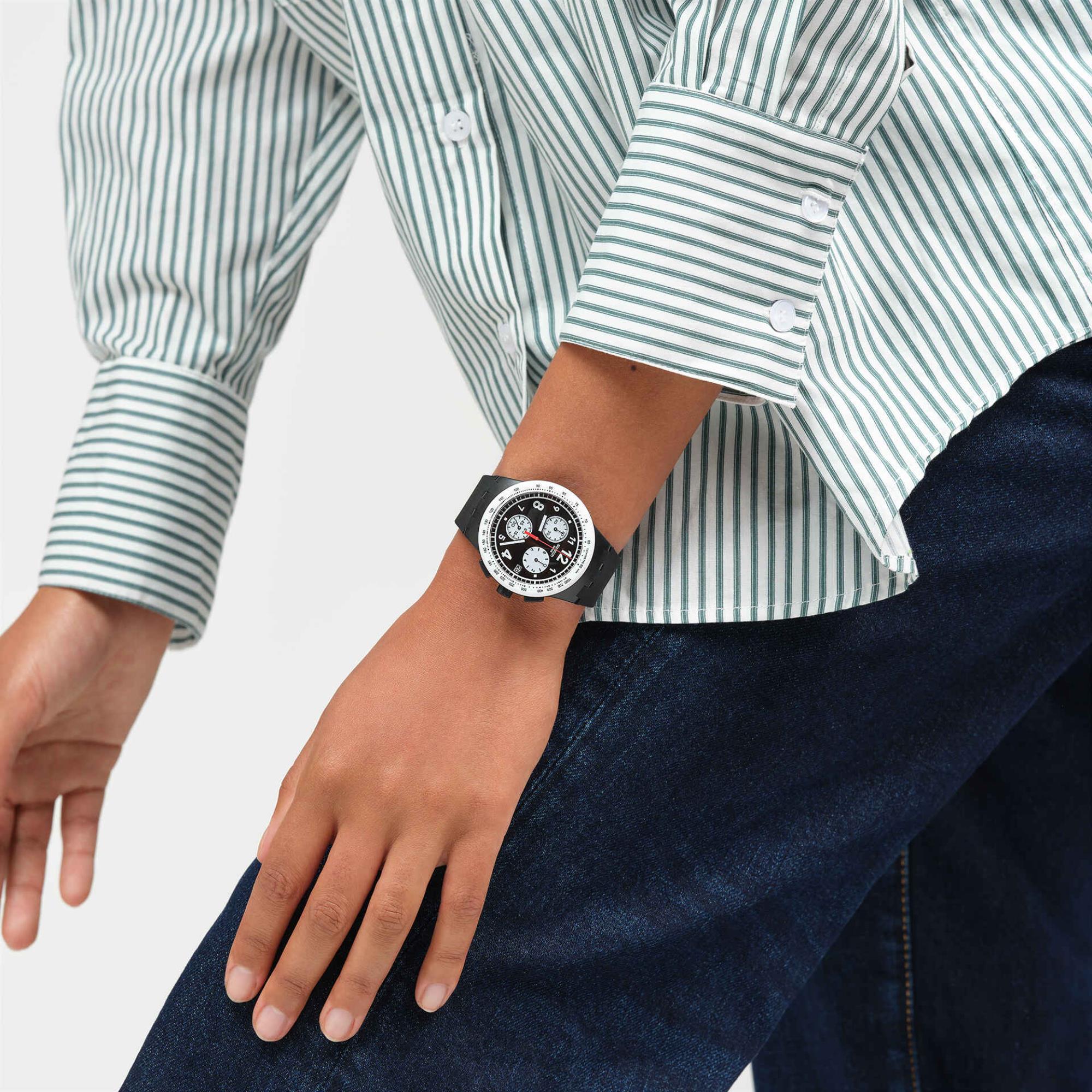 Swatch Nothing Basic About Black Quartz Black Chronograph Dial Silicone Strap Men's Watch SUSB420