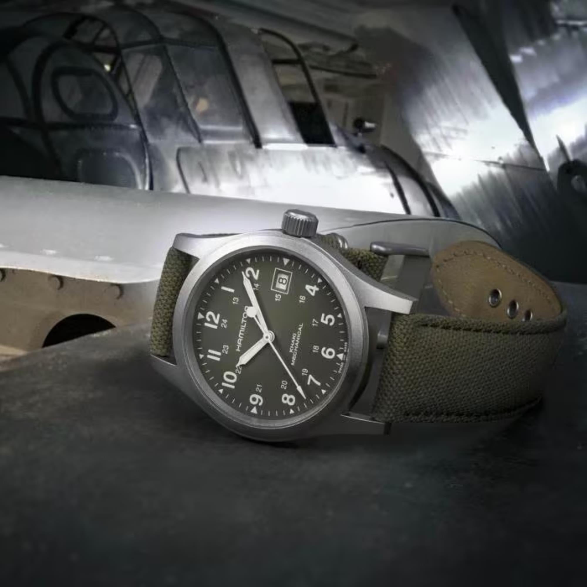 Hamilton Khaki Field Officer 'Pearl Harbour' Mechanical Green Dial Canvas Strap Men's Watch H69439363