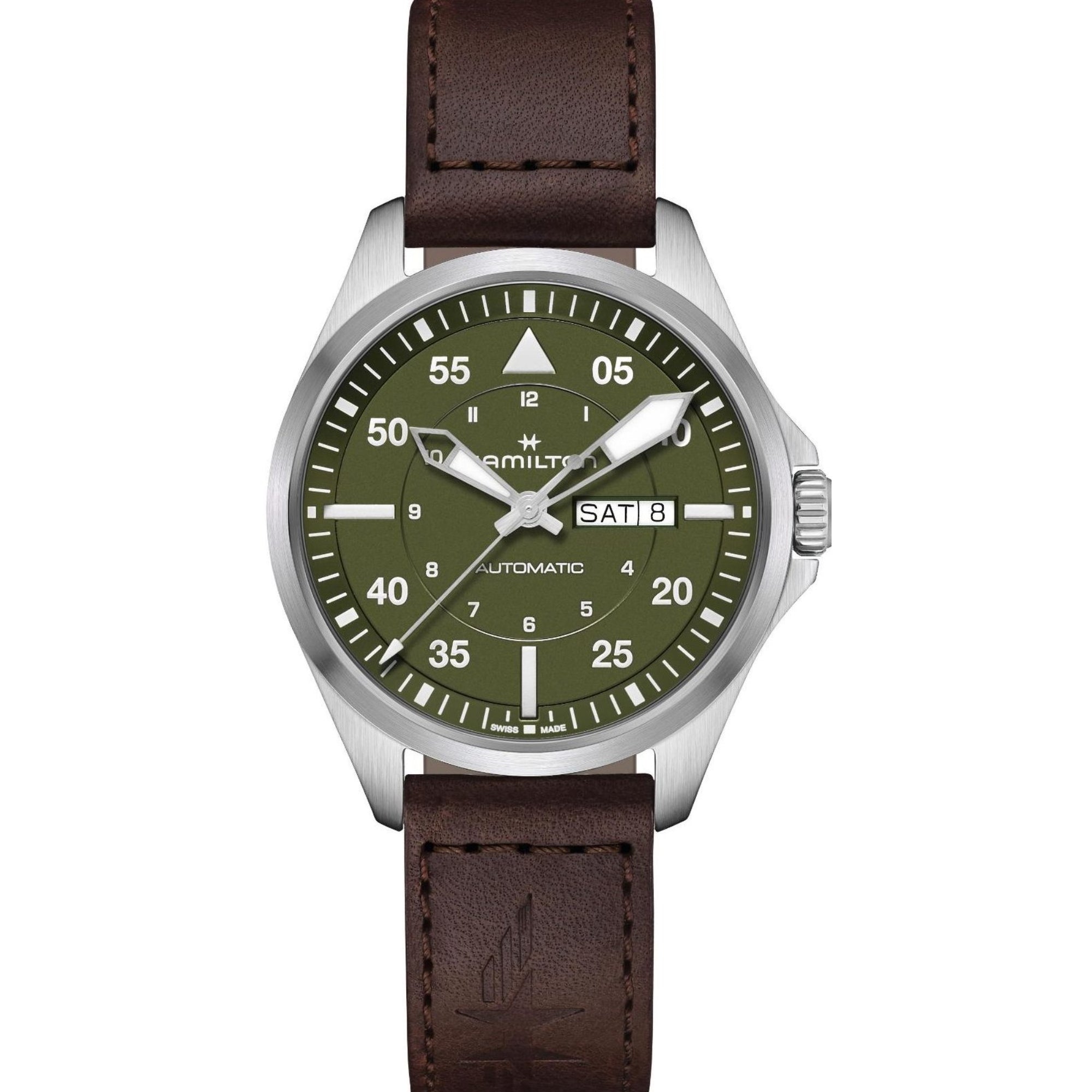 Hamilton Khaki Pilot Day Date Automatic Green Dial Leather Strap Men's Watch H64635560