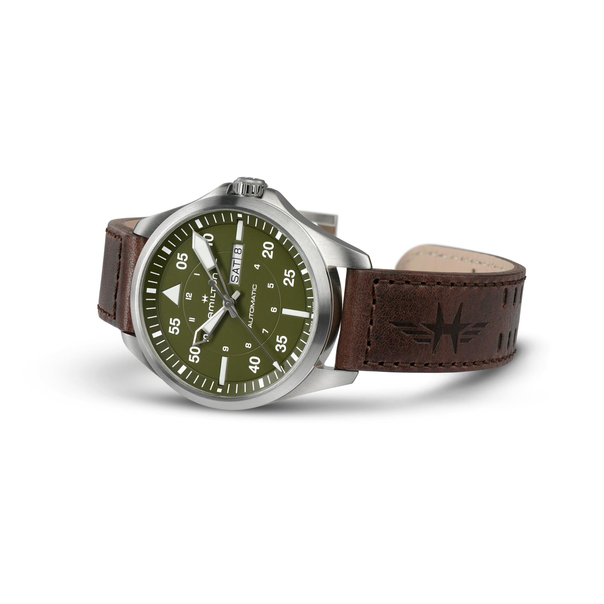 Hamilton Khaki Pilot Day Date Automatic Green Dial Leather Strap Men's Watch H64635560