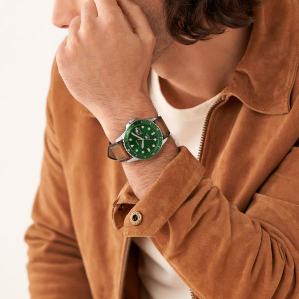 Fossil Blue Dive Quartz Green Dial Leather Strap Men's Watch FS5946