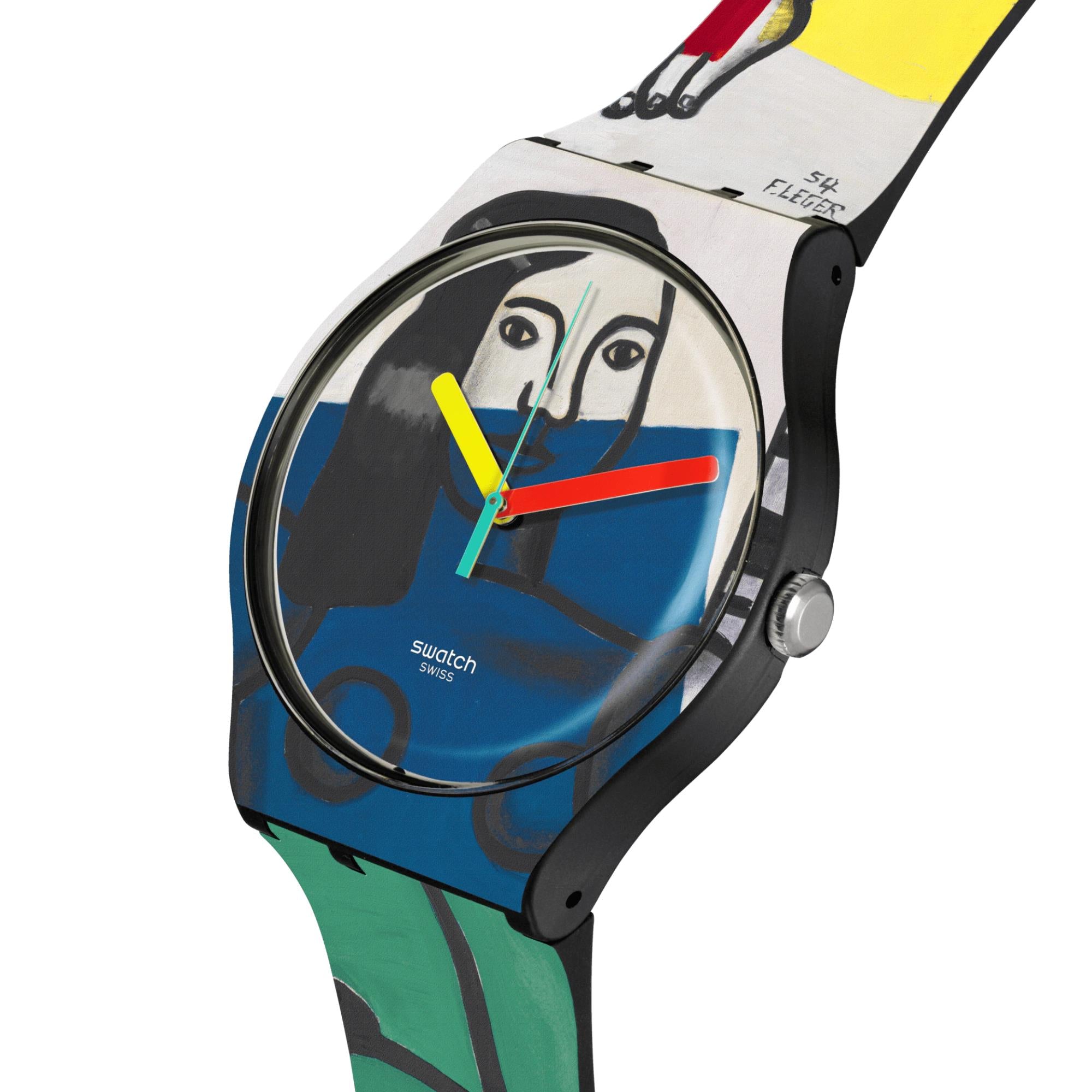 Swatch Leger's Two Women Holding Flowers Silicone Strap Unisex Watch SUOZ363C