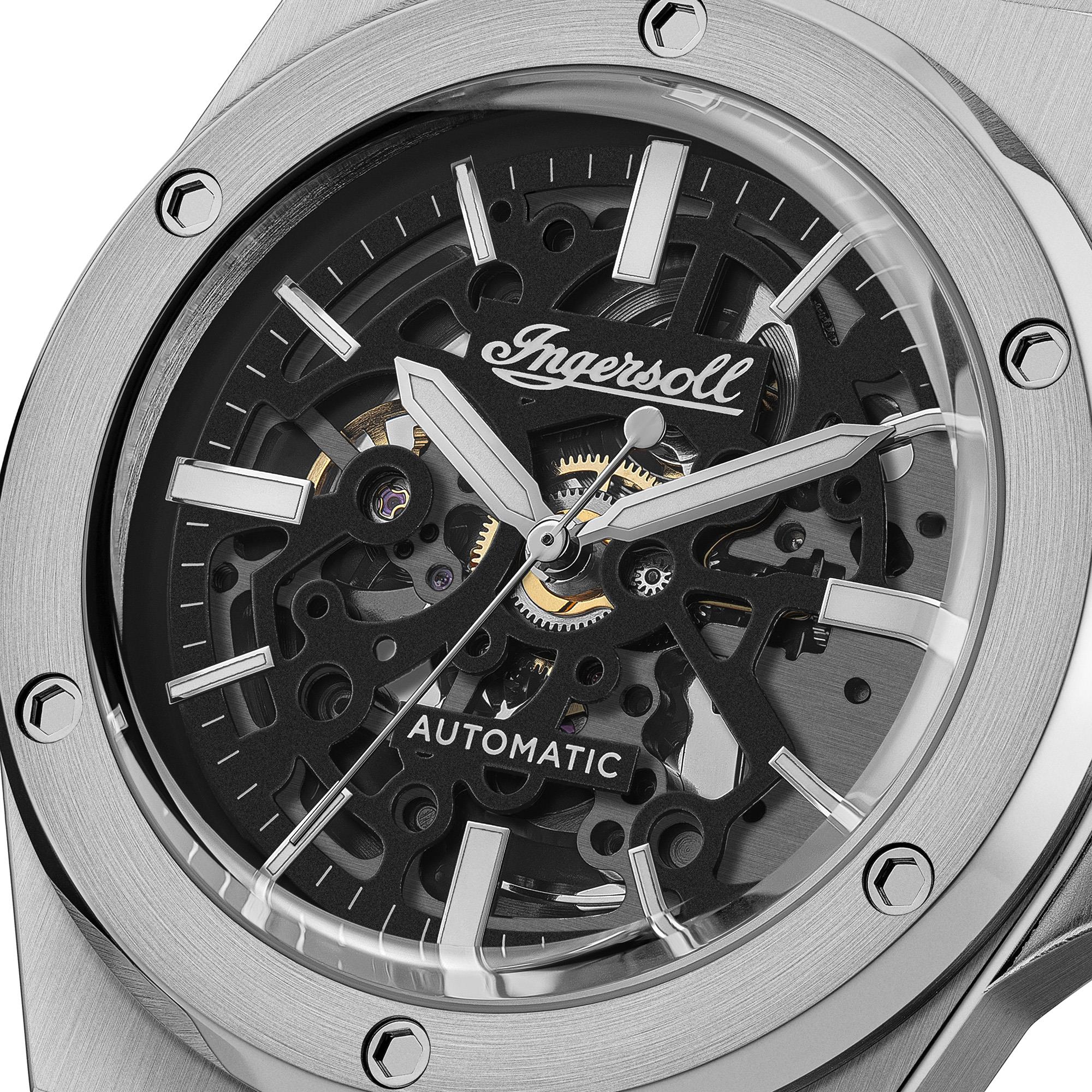 Ingersoll 1892 The Baller Automatic Men's Watch with Black Skeleton Dial and Silver Stainless Steel Bracelet  - I15002