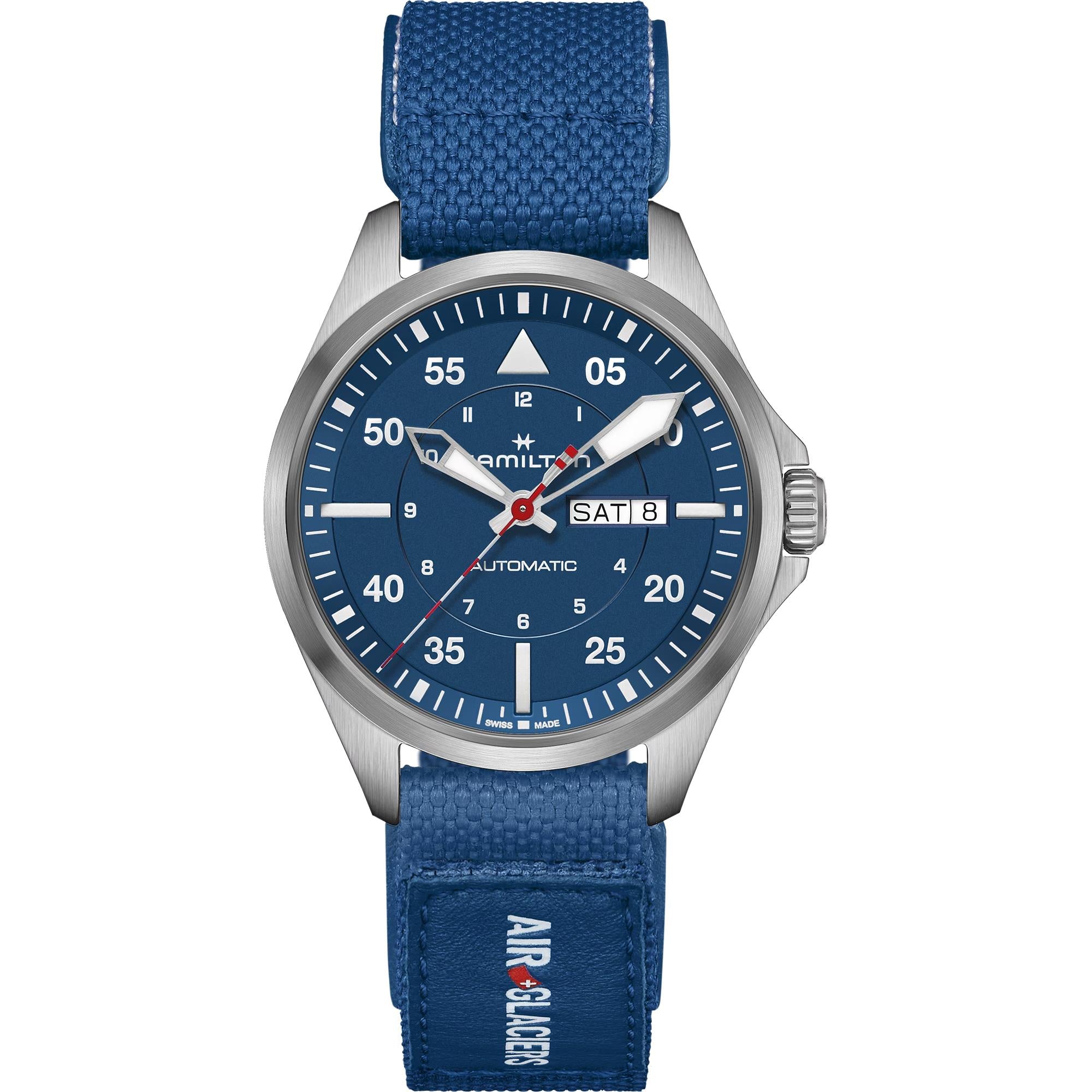 Hamilton Khaki Aviation Pilot Air-Glaciers Day Date Blue Dial Textile Strap Men's Watch H64655941