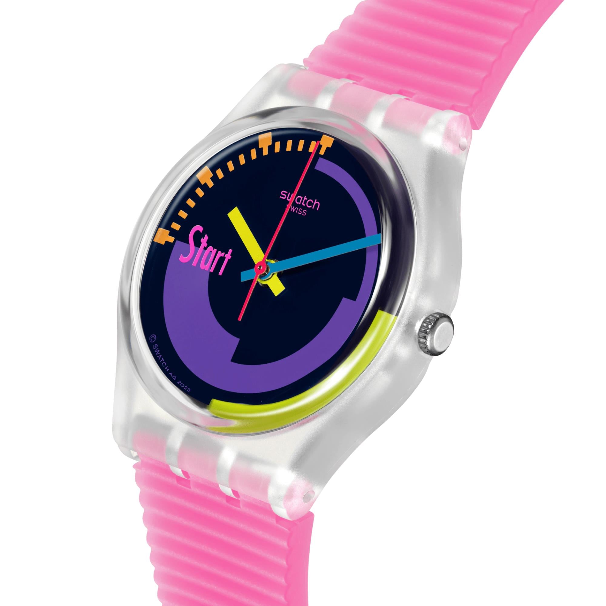 Swatch Neon Pink Podium Multi-coloured Dial Transparent Matte Pink Silicone Strap Watch SO28K111