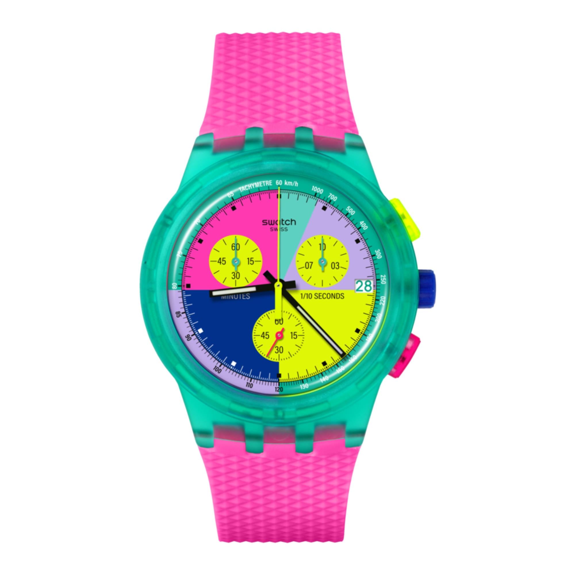 Swatch Neon Flash Arrow Chronograph Multicolour Dial Pink Silicone Strap Unisex Watch SUSG408
