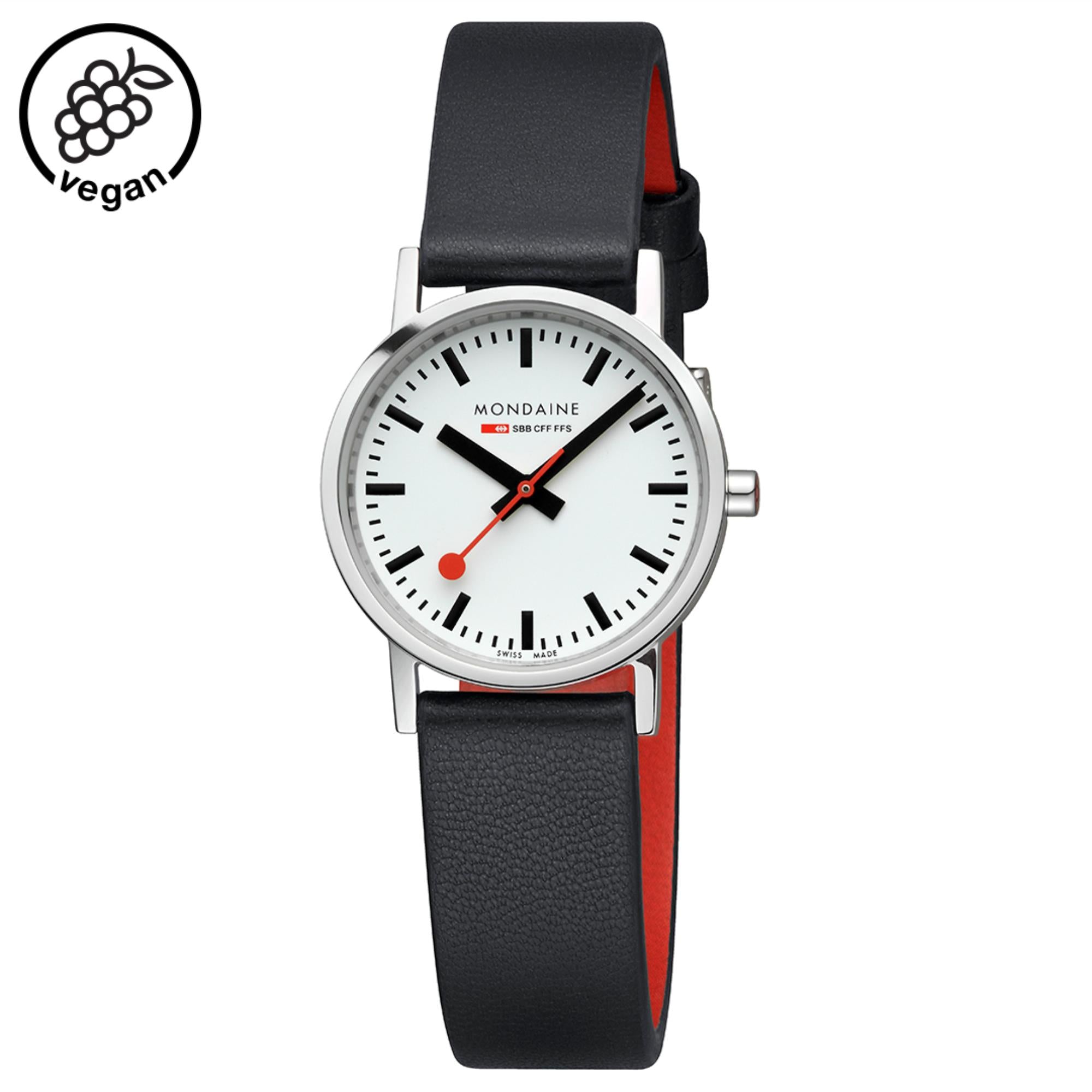 Mondaine Classic White Dial Black Vegan Grape Leather Strap Ladies Watch A658.30323.11SBBV