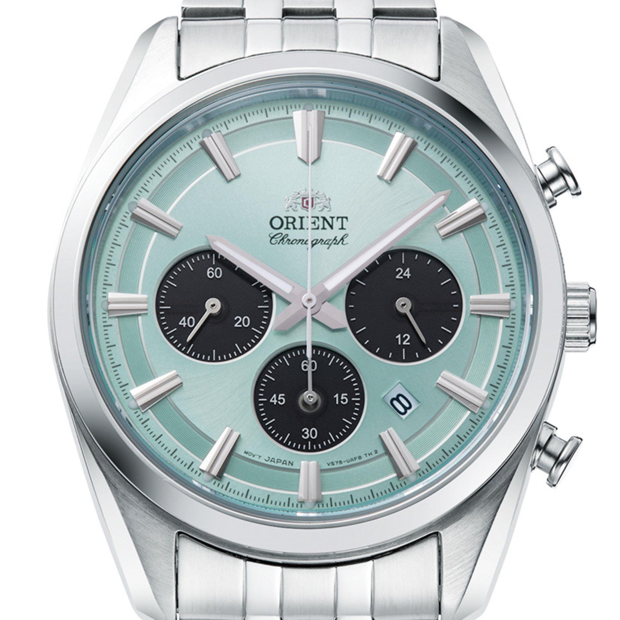 Orient Contemporary Stretto Date Solar Chronograph Blue Dial Steel Strap Men’s Watch RA-TX0304L10B