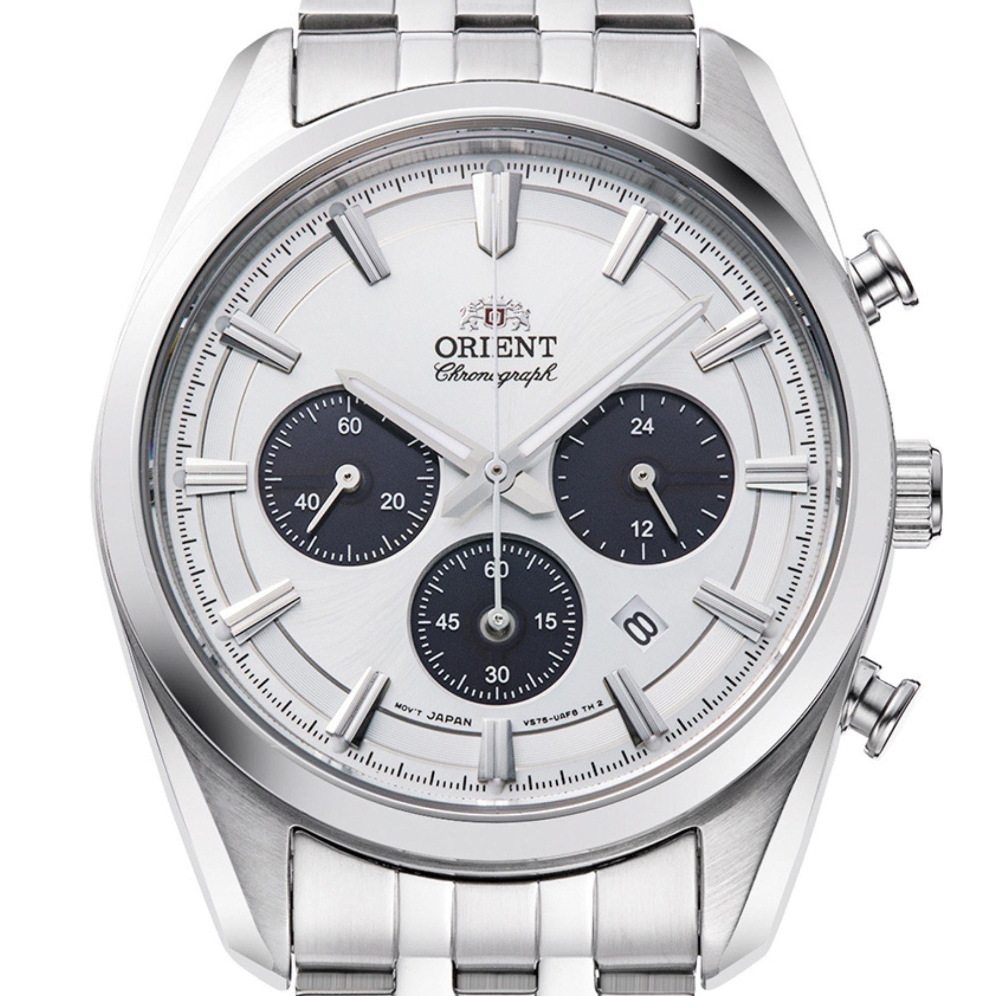 Orient Contemporary Stretto Date Solar Chronograph White Dial Steel Strap Men’s Watch RA-TX0305S10B