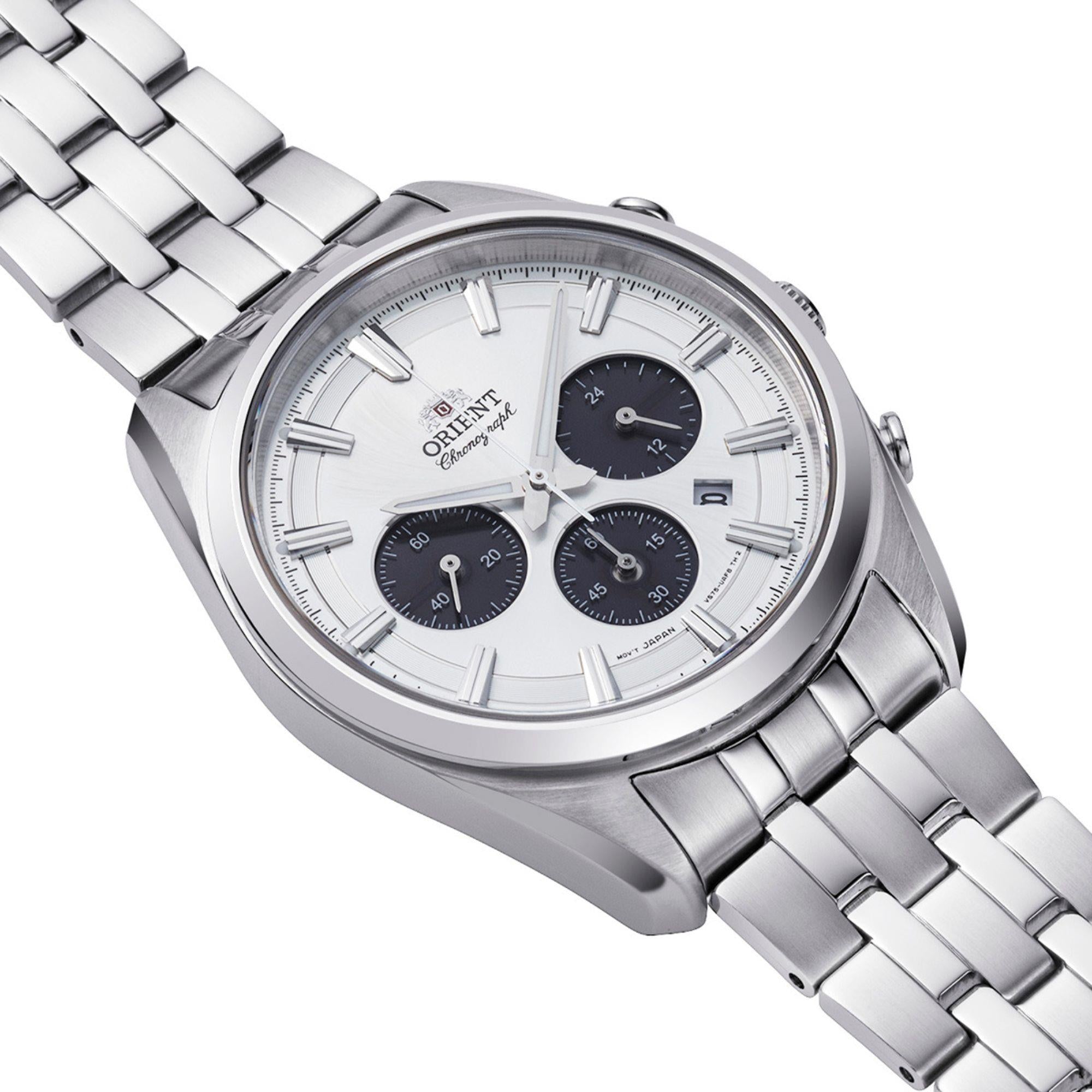 Orient Contemporary Stretto Date Solar Chronograph White Dial Steel Strap Men’s Watch RA-TX0305S10B