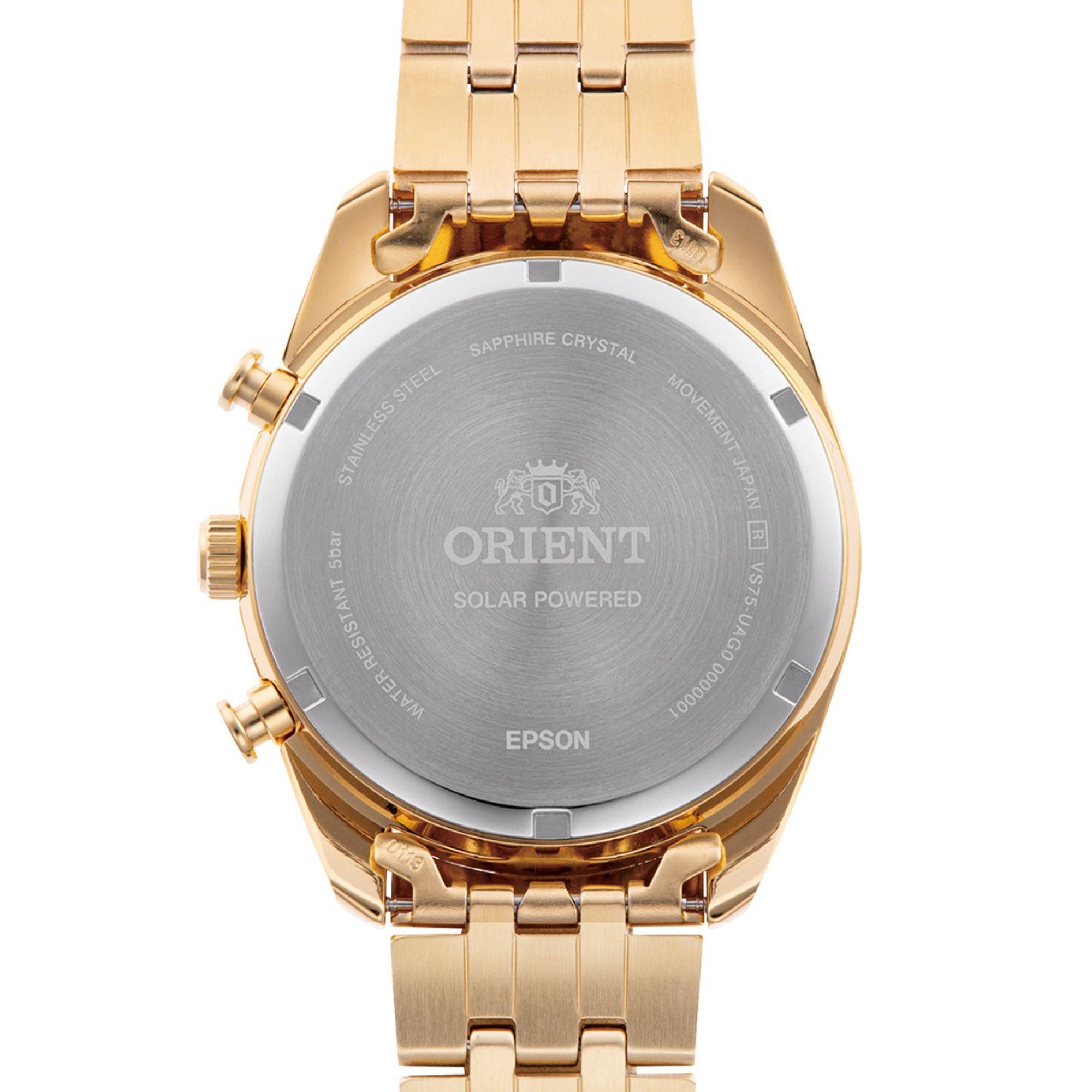 Orient Contemporary Stretto Date Solar Chronograph Champagne Dial Steel Strap Men’s Watch RA-TX0301G10B