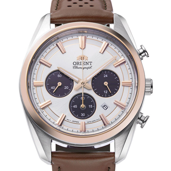 Orient Contemporary Stretto Date Solar Chronograph White Dial Brown Leather Strap Men’s Watch RA-TX0306S10B