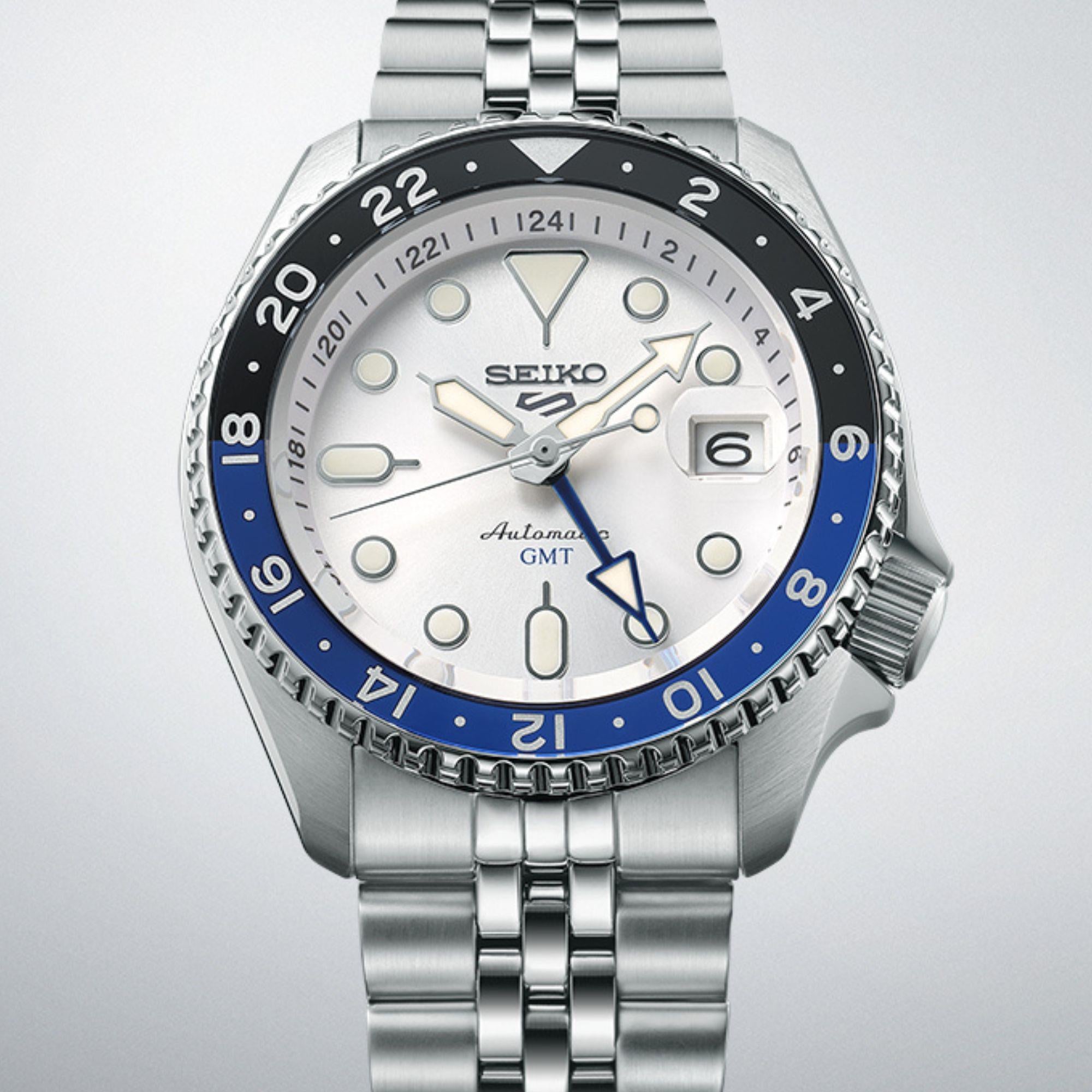 Seiko 5 Sports SKX GMT Sky Blue Silver Cloud Automatic White Dial Steel Bracelet Men’s Watch SSK033K1