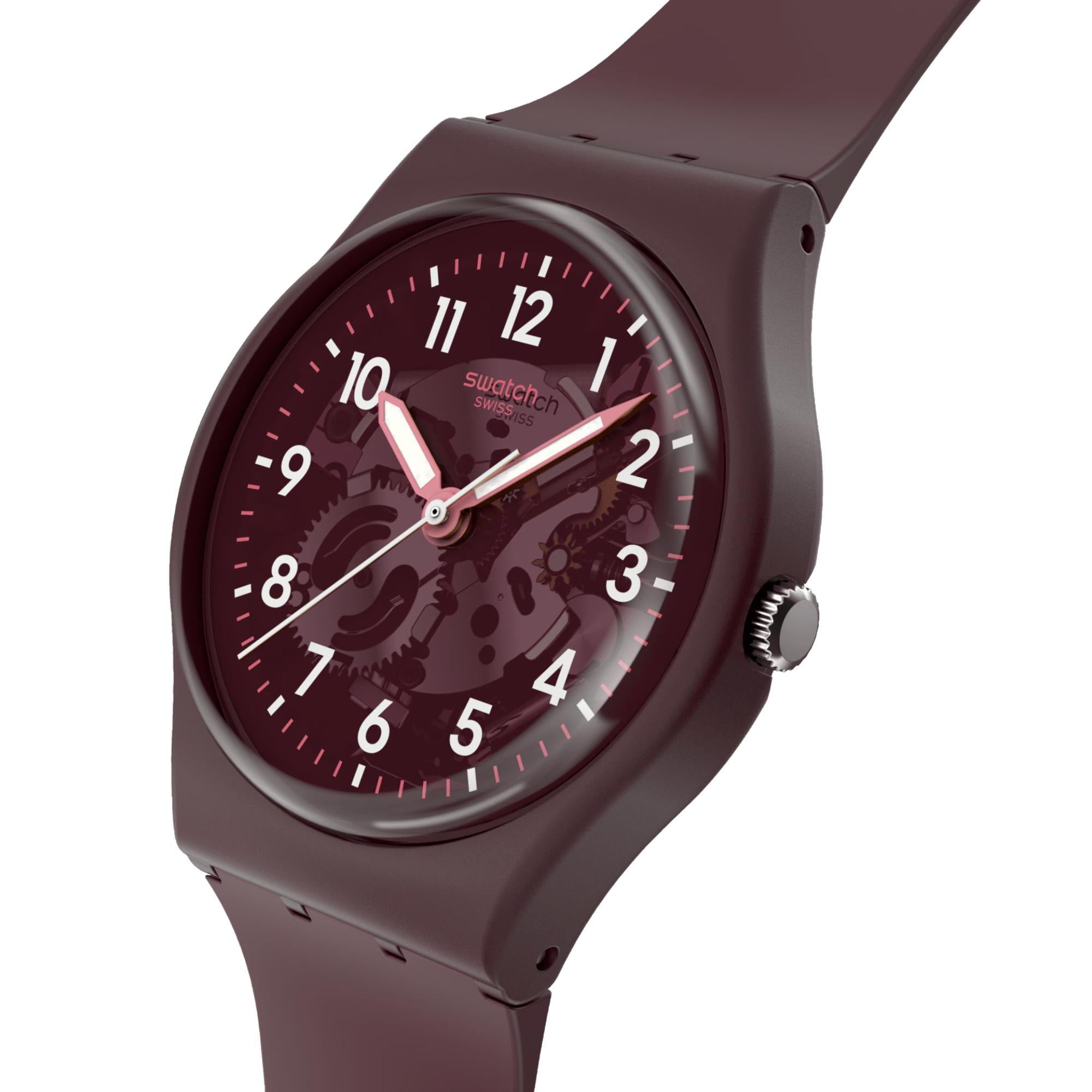 Swatch THRU THE CROWN GLASS Quartz Red Dial Bio-sourced Strap Men's Watch SO28R115