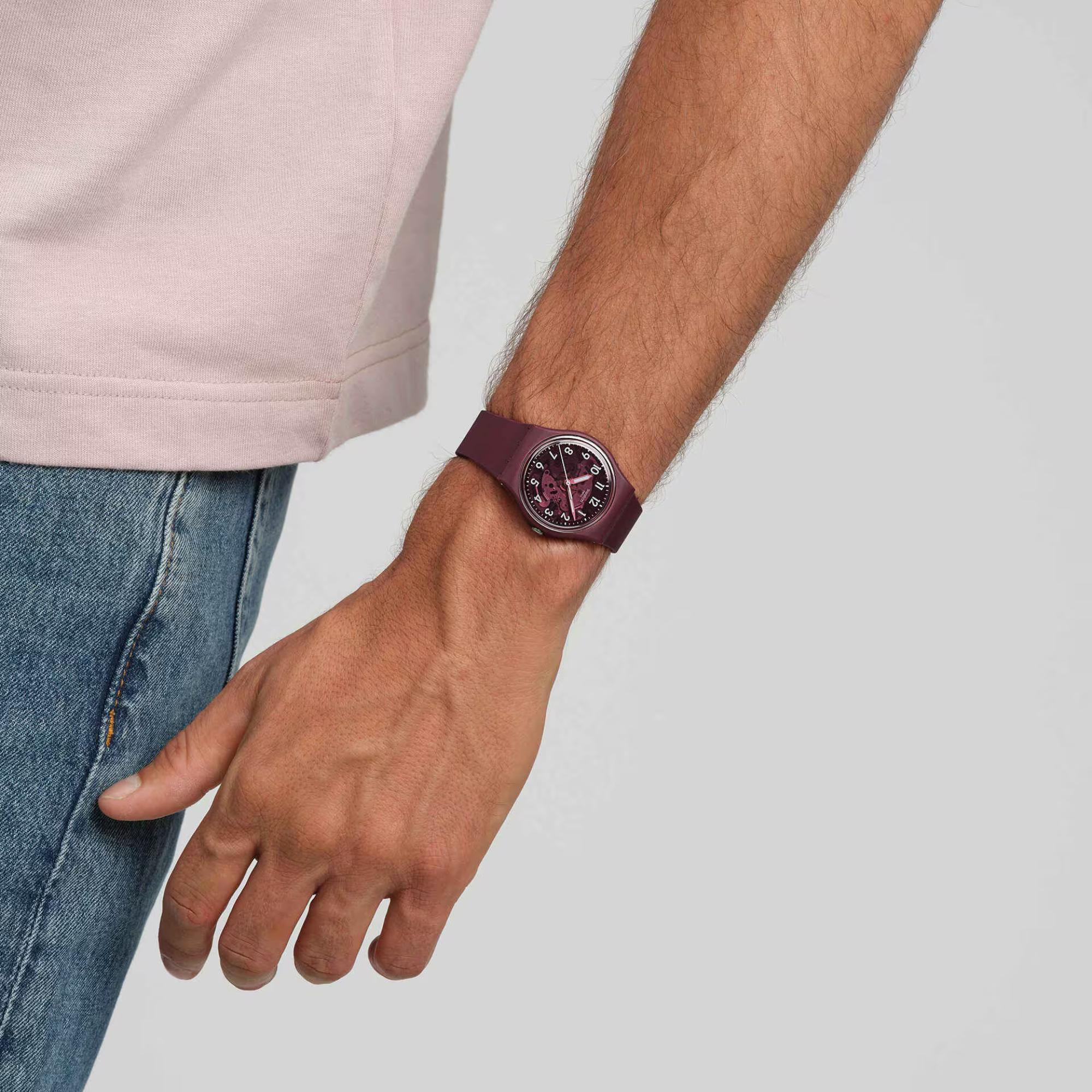 Swatch THRU THE CROWN GLASS Quartz Red Dial Bio-sourced Strap Men's Watch SO28R115