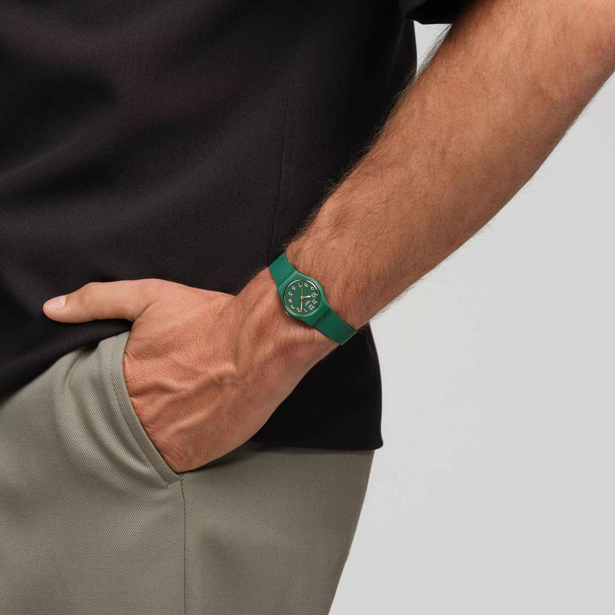 Swatch NOTES OF PECAN Quartz Green Dial Biosourced  Strap Men’s Watch LG130