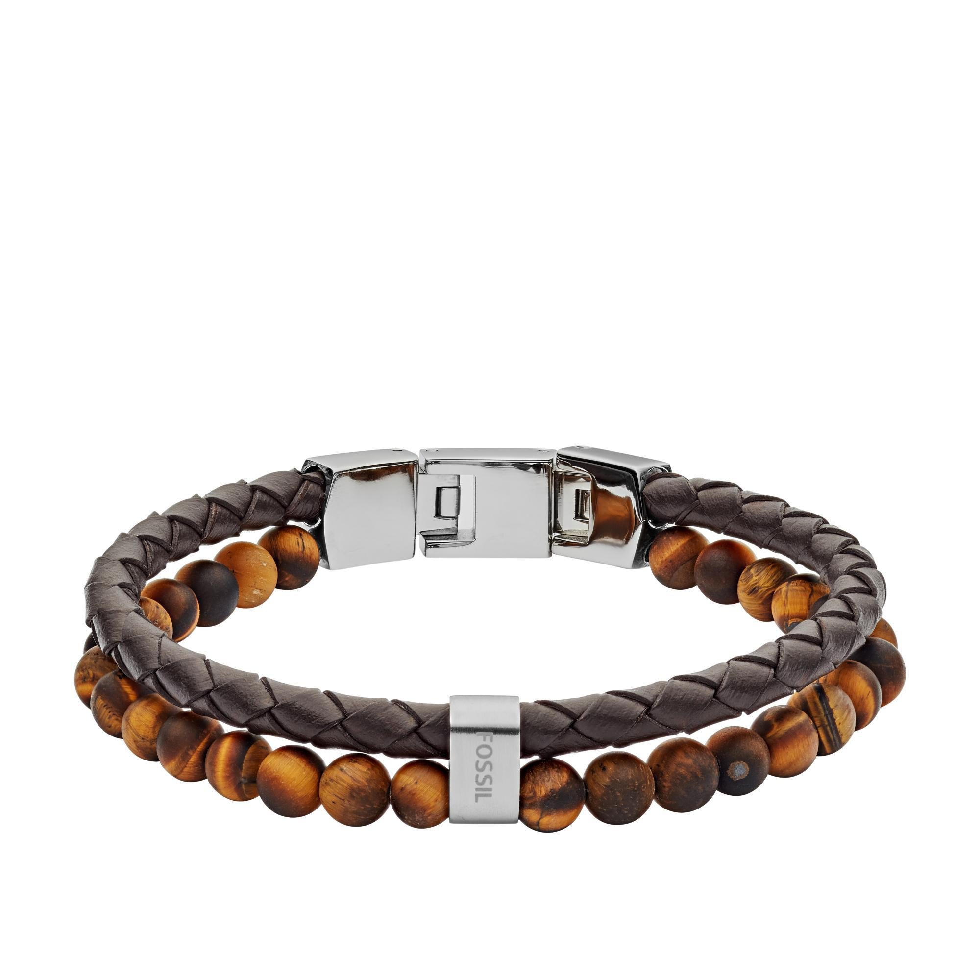 Fossil Tiger’s Eye and Brown Leather Bracelet Men’s JF03118040
