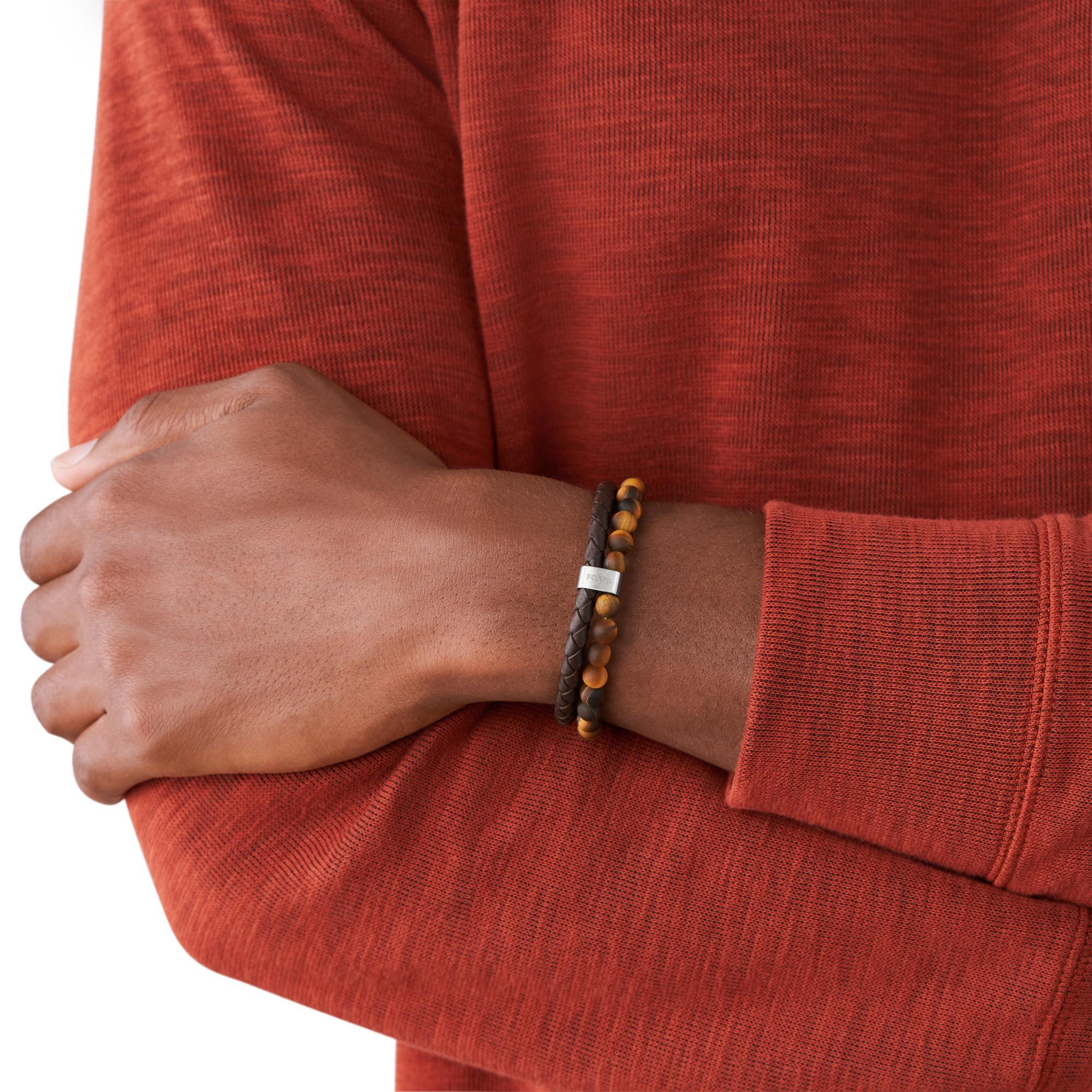 Fossil Tiger’s Eye and Brown Leather Bracelet Men’s JF03118040