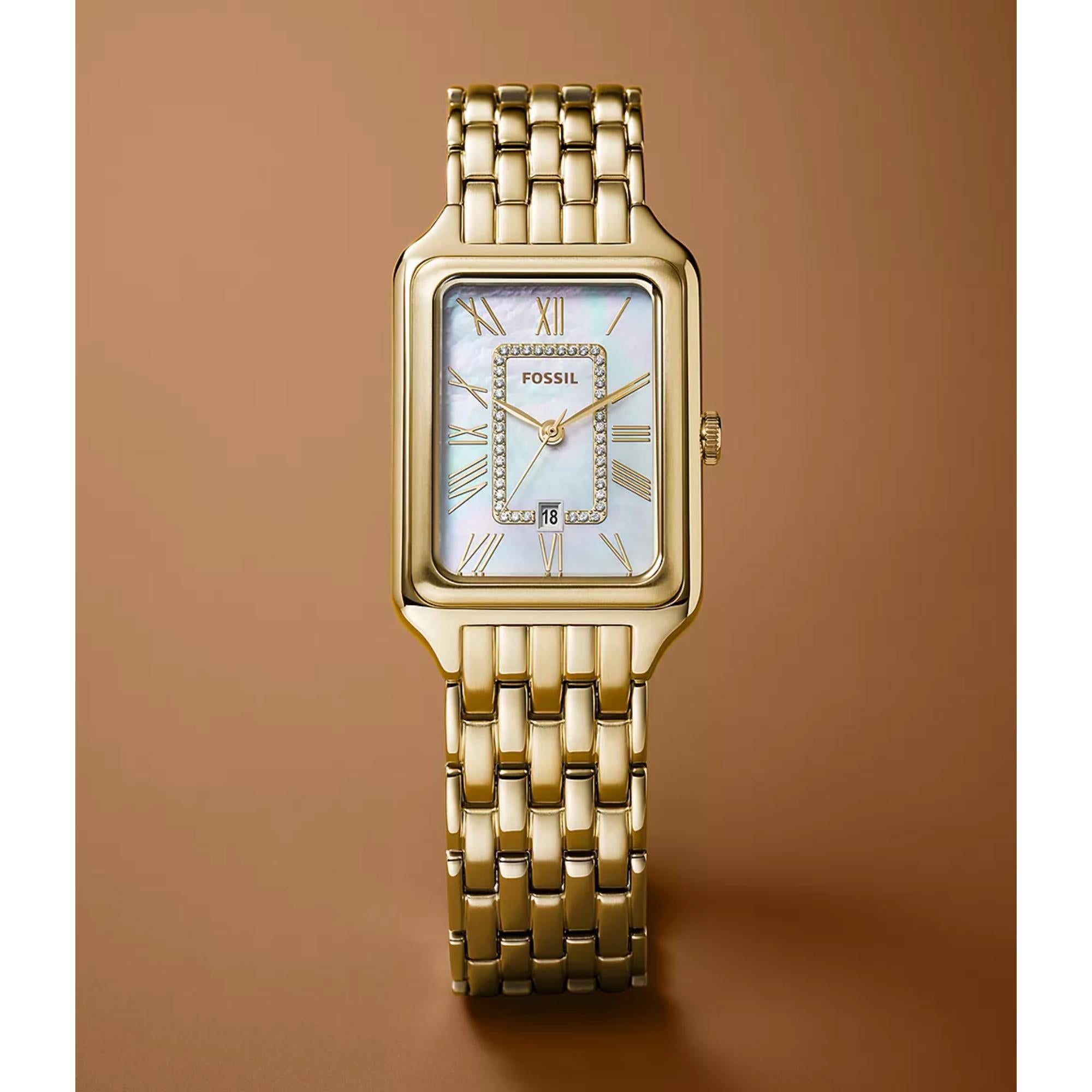 Fossil Raquel Date Gold-Tone Stainless Steel White Mother of Pearl Dial Women’s Watch ES5304