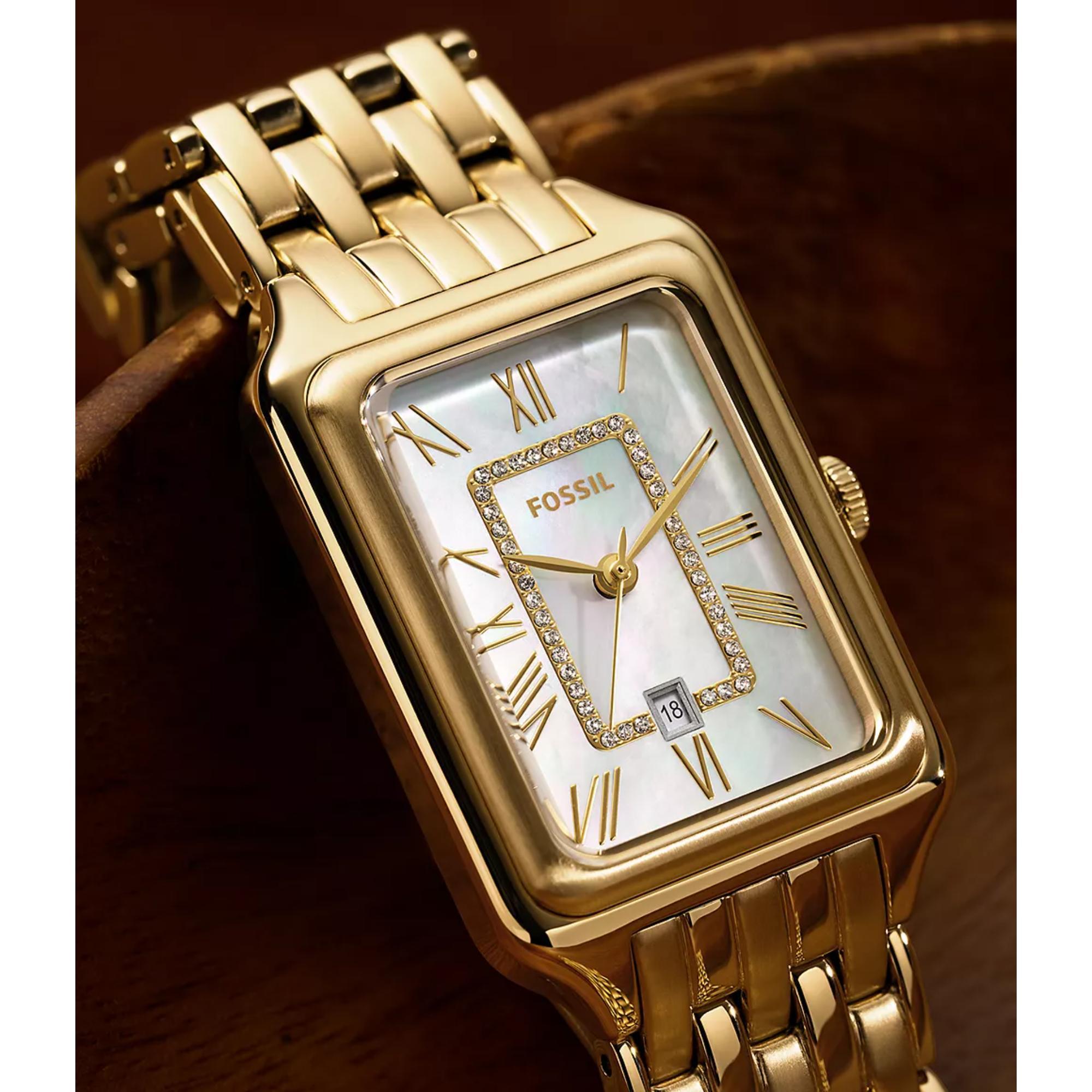 Fossil Raquel Date Gold-Tone Stainless Steel White Mother of Pearl Dial Women’s Watch ES5304
