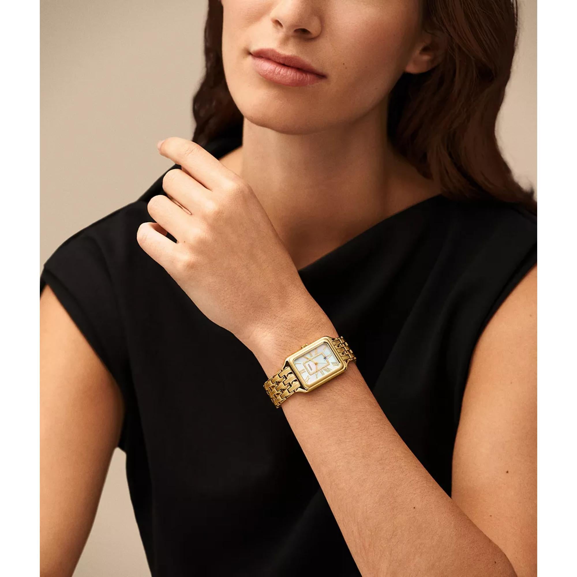 Fossil Raquel Date Gold-Tone Stainless Steel White Mother of Pearl Dial Women’s Watch ES5304