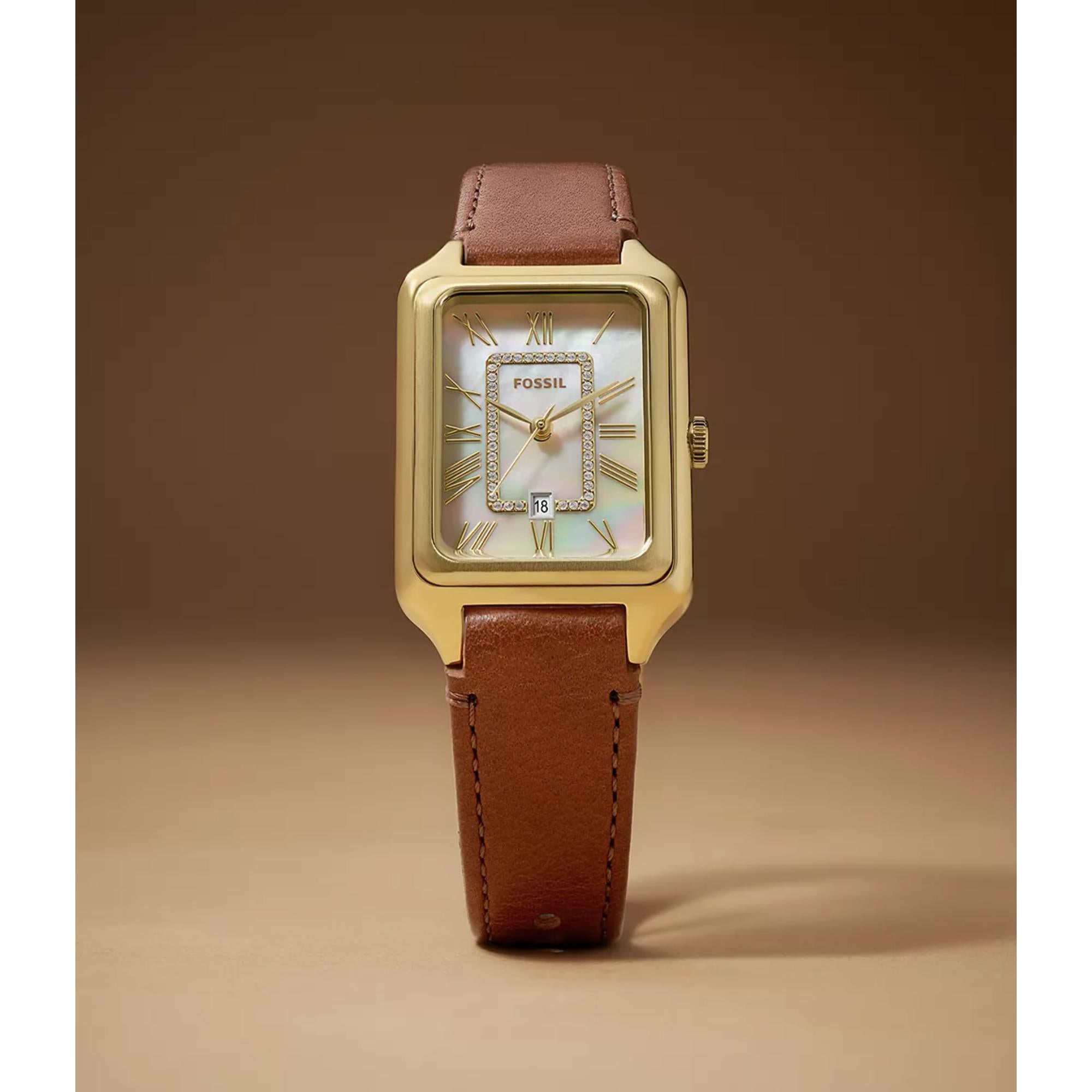 Fossil Raquel Date Medium Brown Leather White Mother of Pearl Dial Women’s Watch ES5307
