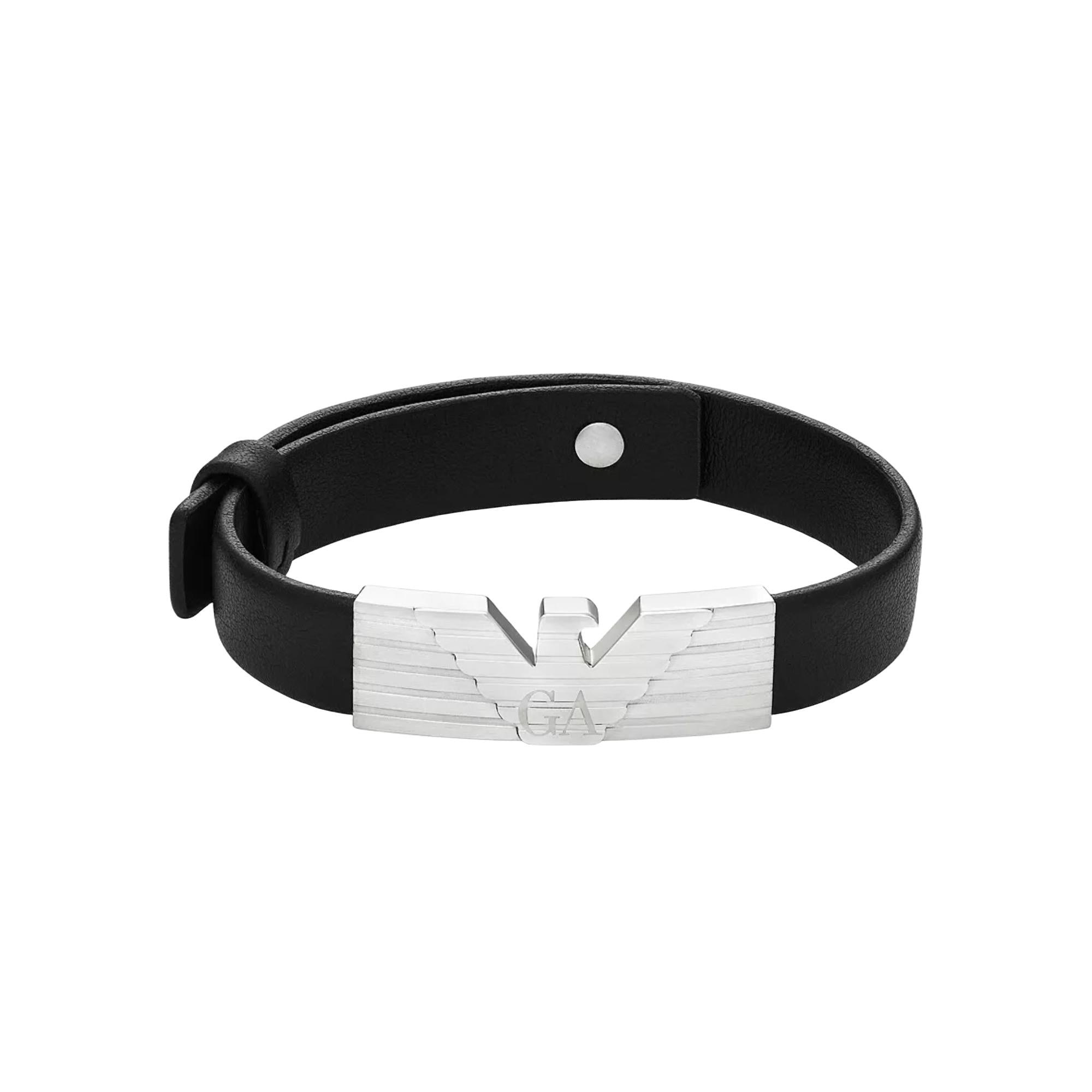 Emporio Armani Stainless Steel and Black Leather Strap ID Bracelet EGS3075040