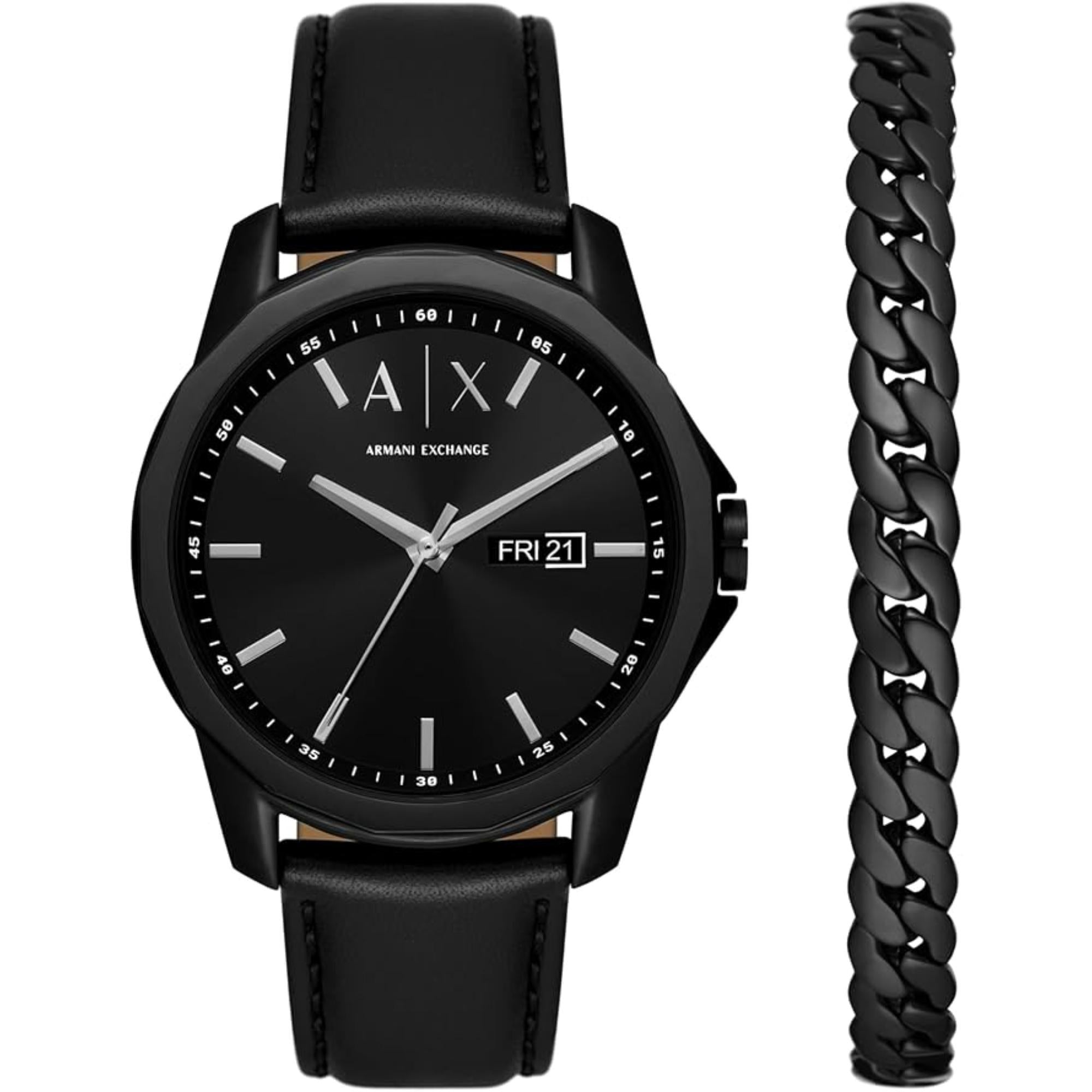 Armani Exchange Black Dial Black Leather Strap Watch AX7147SET