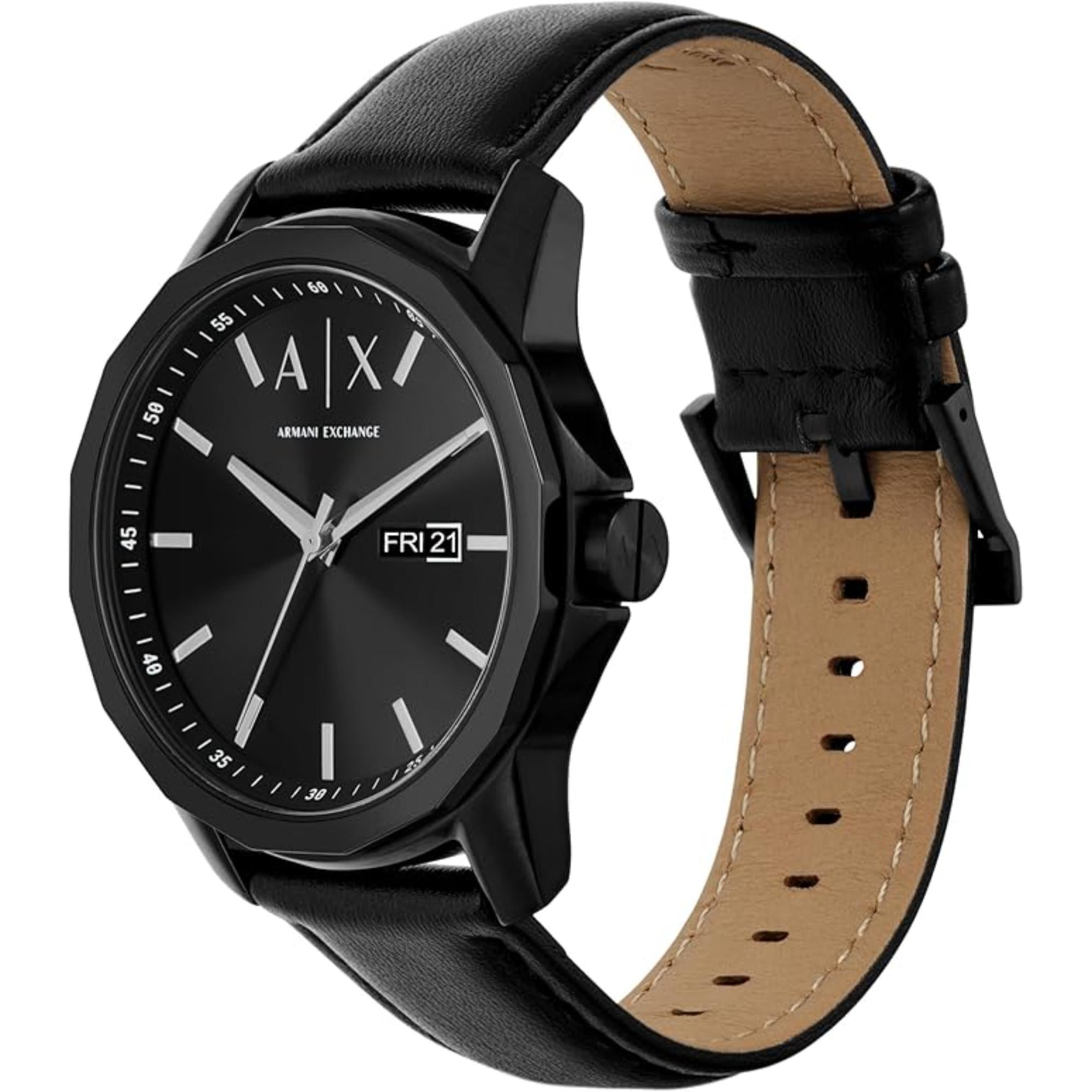 Armani Exchange Black Dial Black Leather Strap Watch AX7147SET