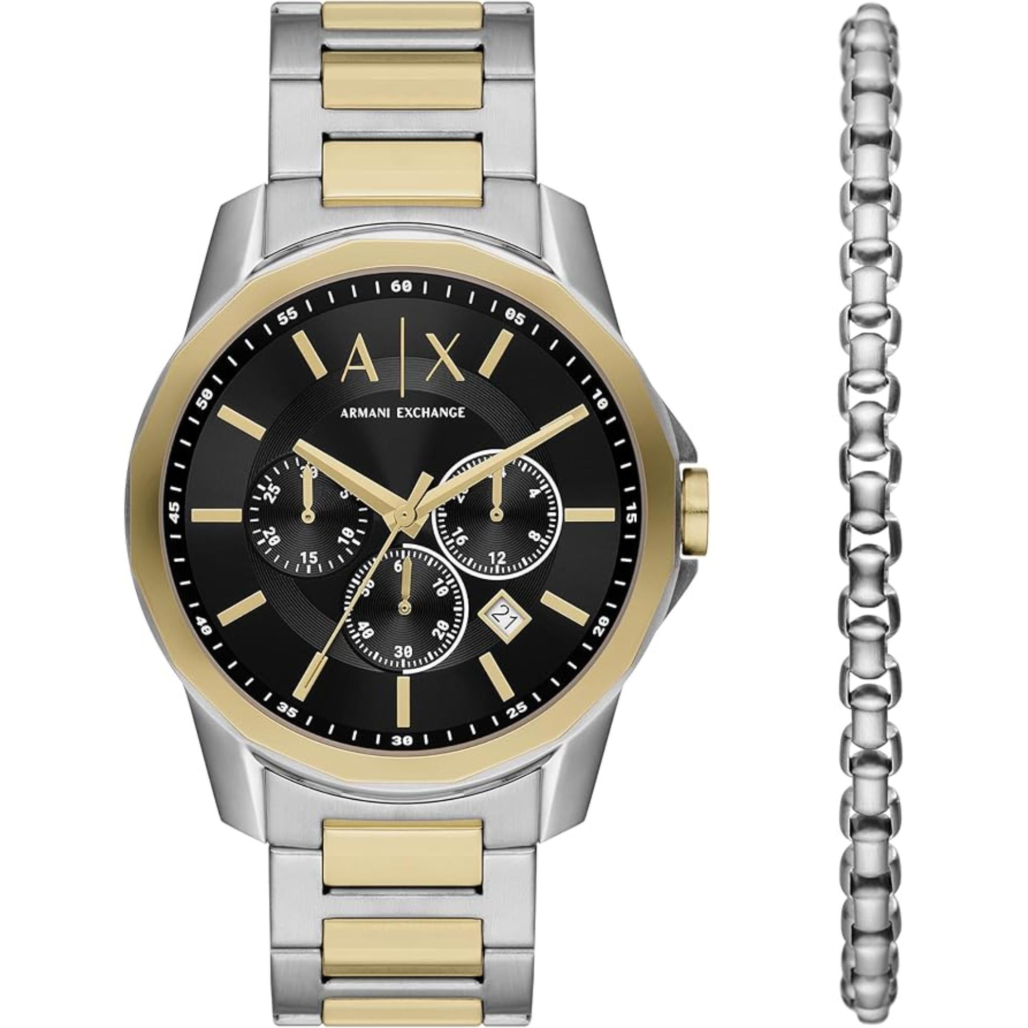 Armani Exchange Banks Chronograph Quartz Black Dial Stainless Steel Strap Men's Watch and Bracelet Set AX7148SET
