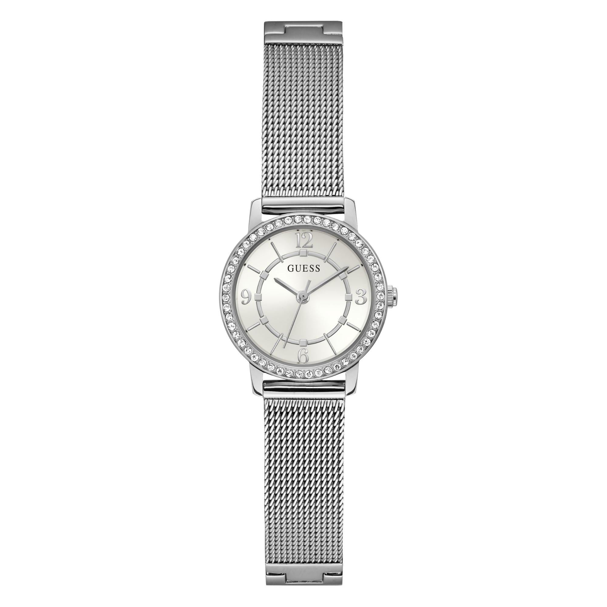 GUESS Ladies Silver Tone Analog White Dial Watch with Stainless Steel Strap GW0534L1