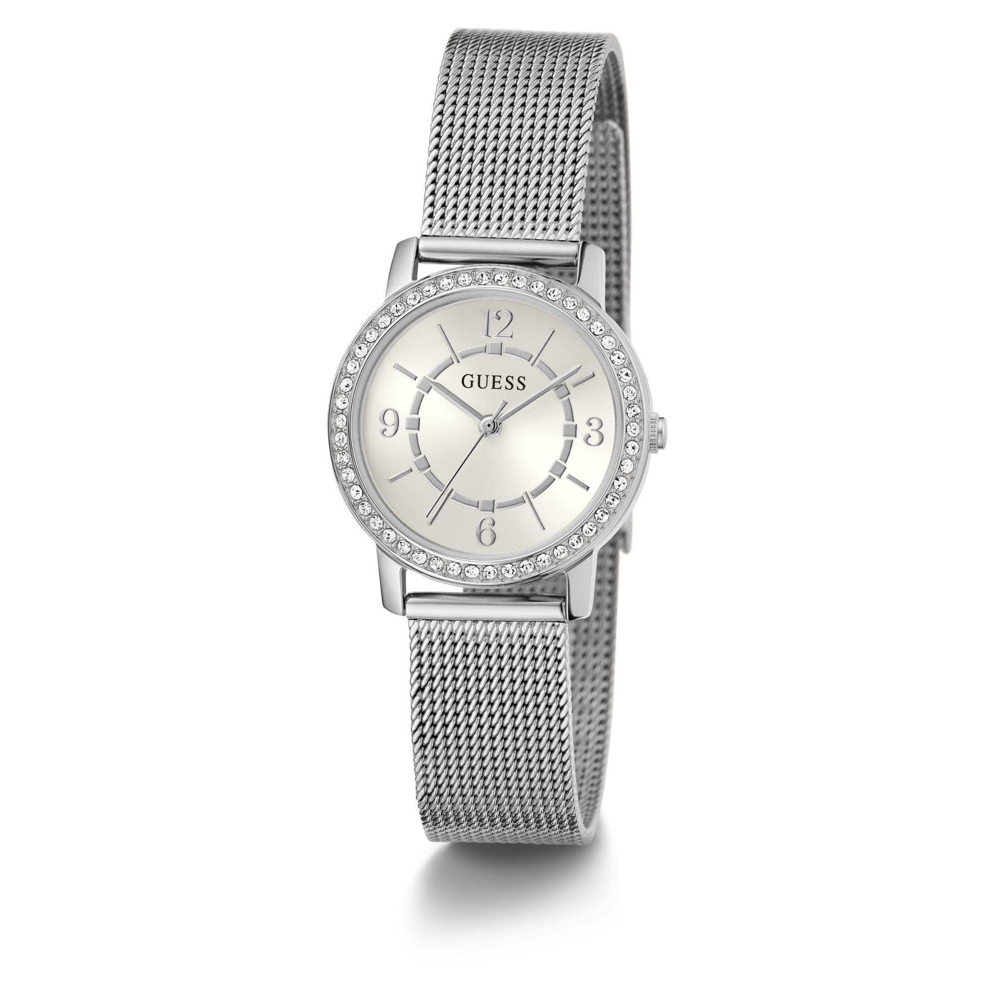 GUESS Ladies Silver Tone Analog White Dial Watch with Stainless Steel Strap GW0534L1