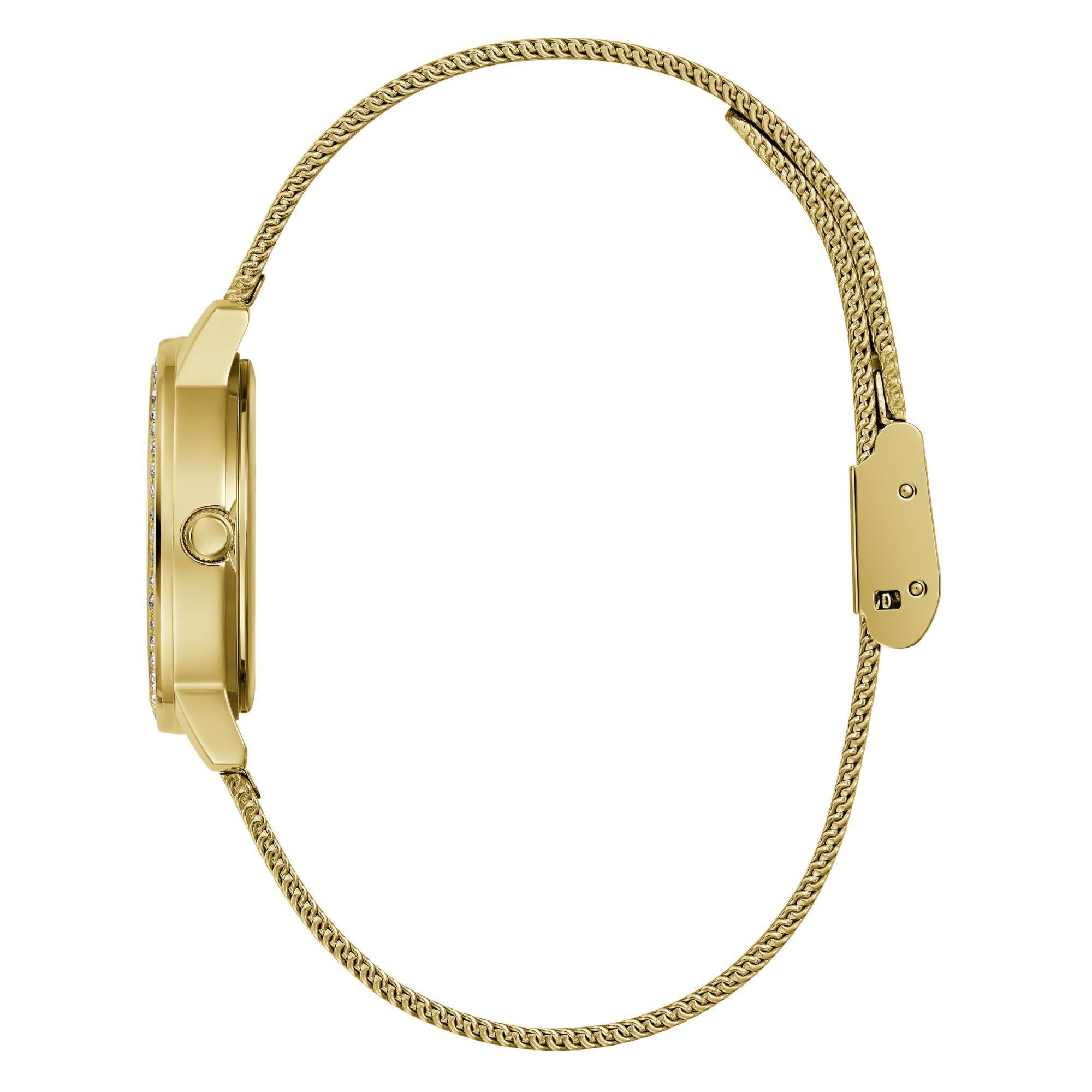 GUESS Gold Tone Analog White Dial Stainless Steel Strap Ladies Watch GW0534L2