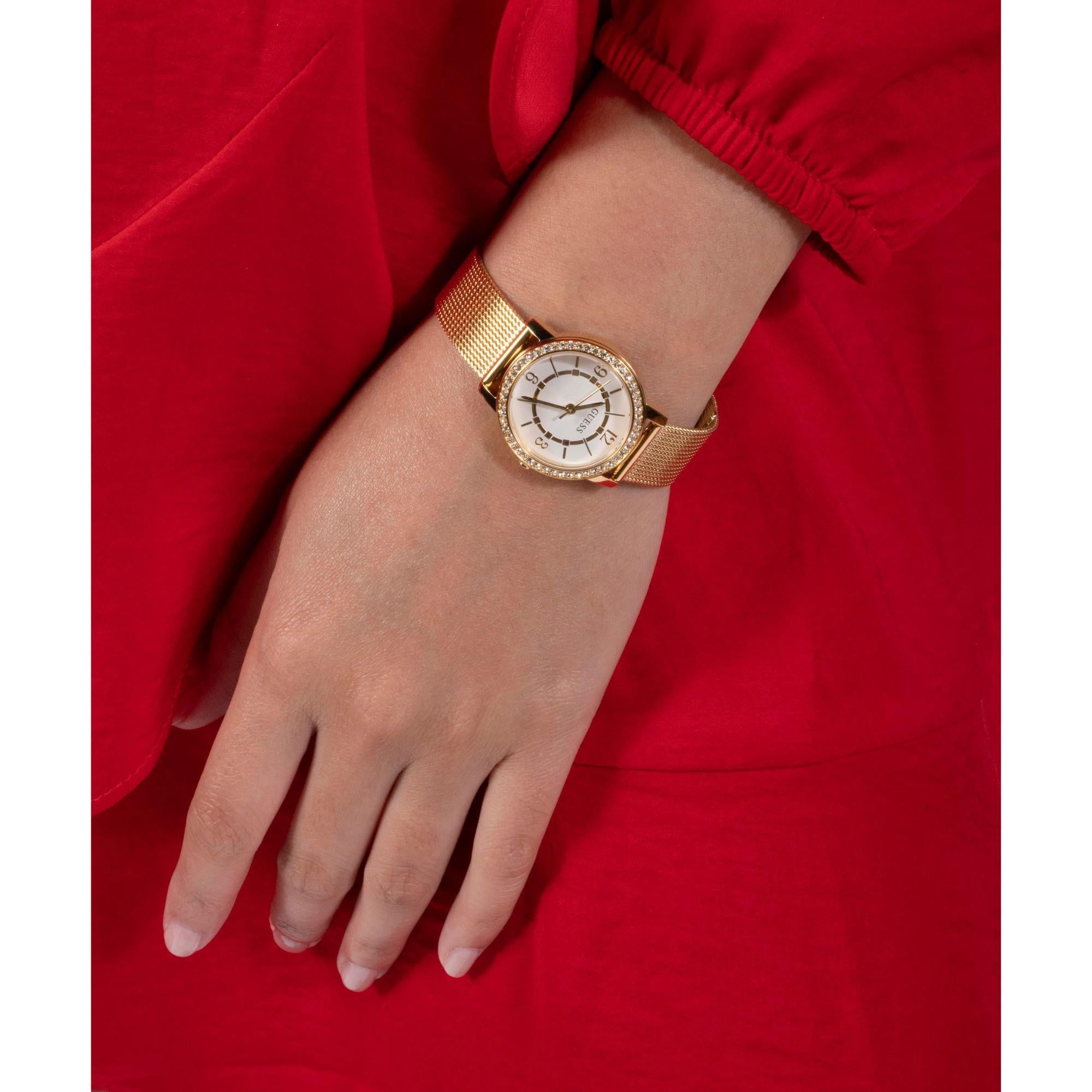 GUESS Gold Tone Analog White Dial Stainless Steel Strap Ladies Watch GW0534L2