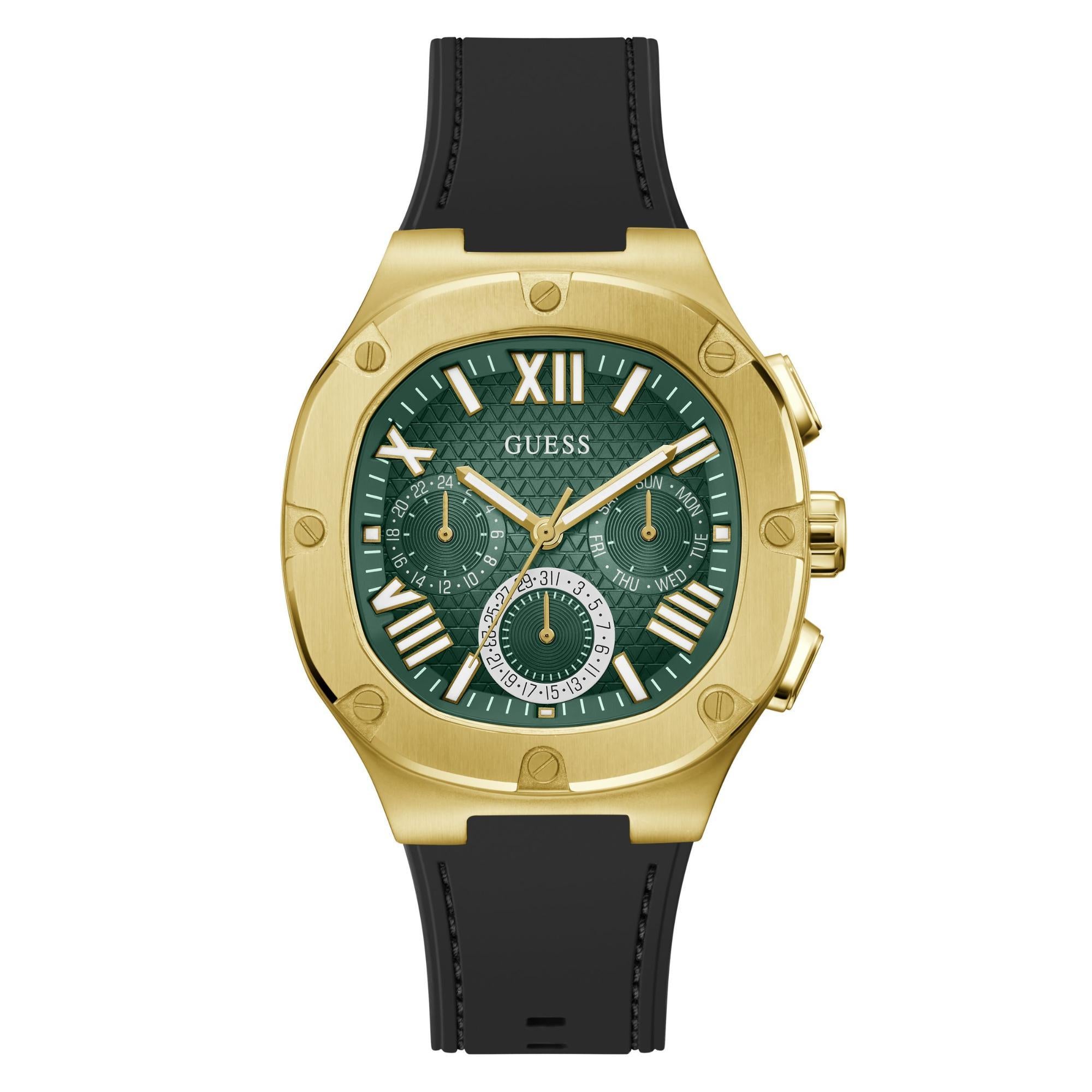 GUESS Black Gold Multi-Function Green Dial Silicone Strap Men’s Watch GW0571G3