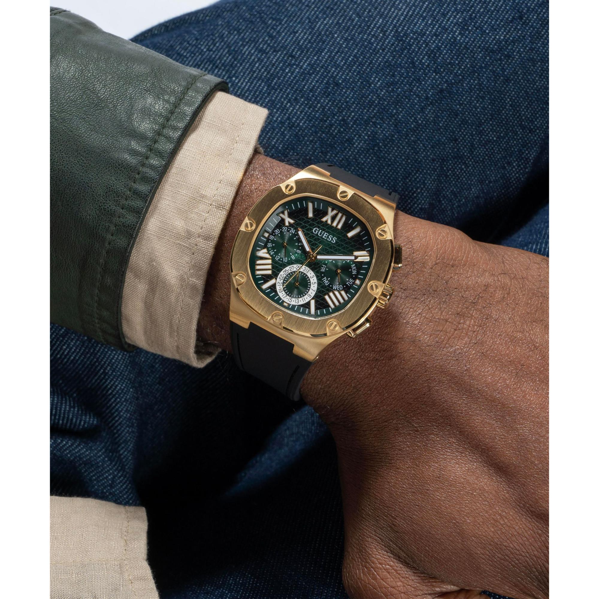 GUESS Black Gold Multi-Function Green Dial Silicone Strap Men’s Watch GW0571G3