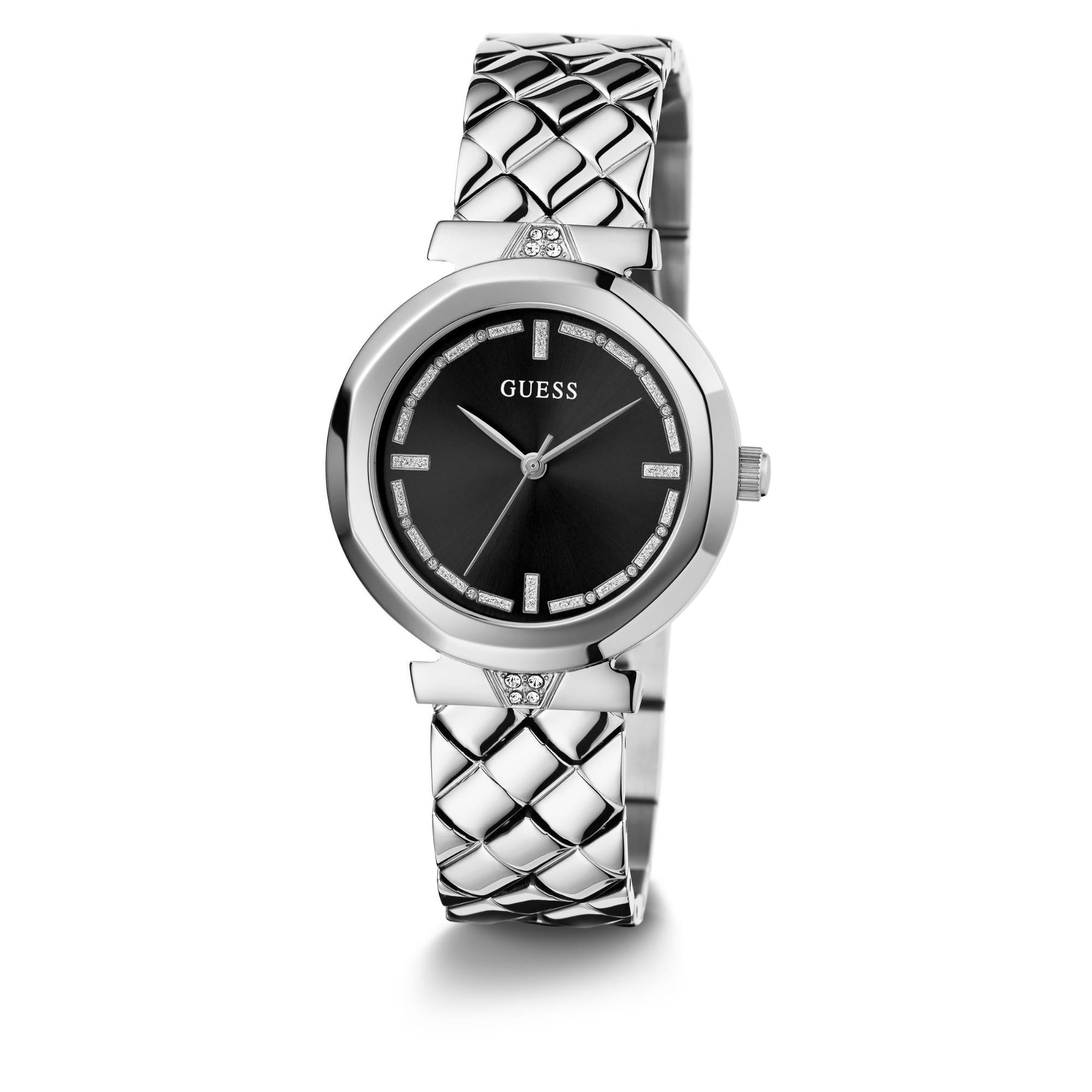 GUESS Silver-Tone Analog Black Dial with Sparkling Crystal Details Ladies Watch GW0613L1