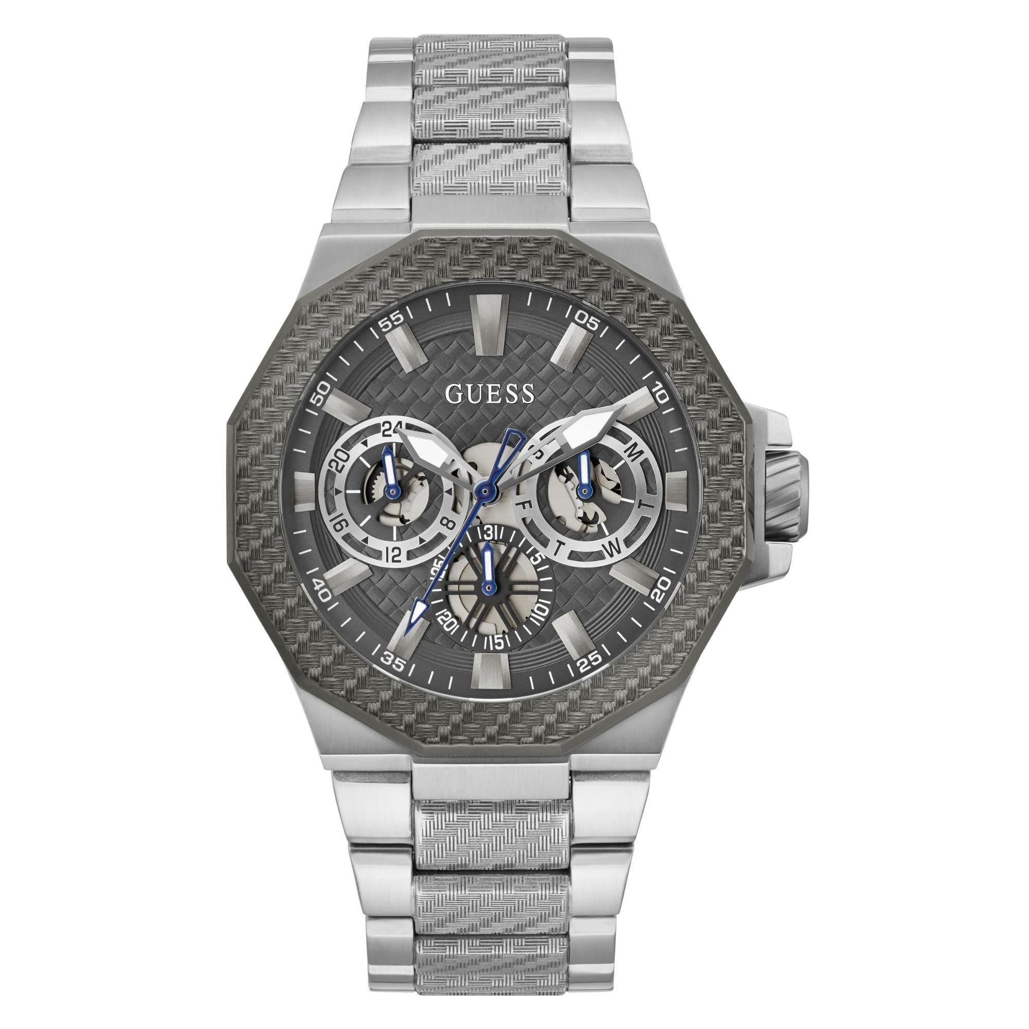 GUESS Silver-Tone Multi-Function Stainless Steel Grey Dial Men's Watch GW0636G1