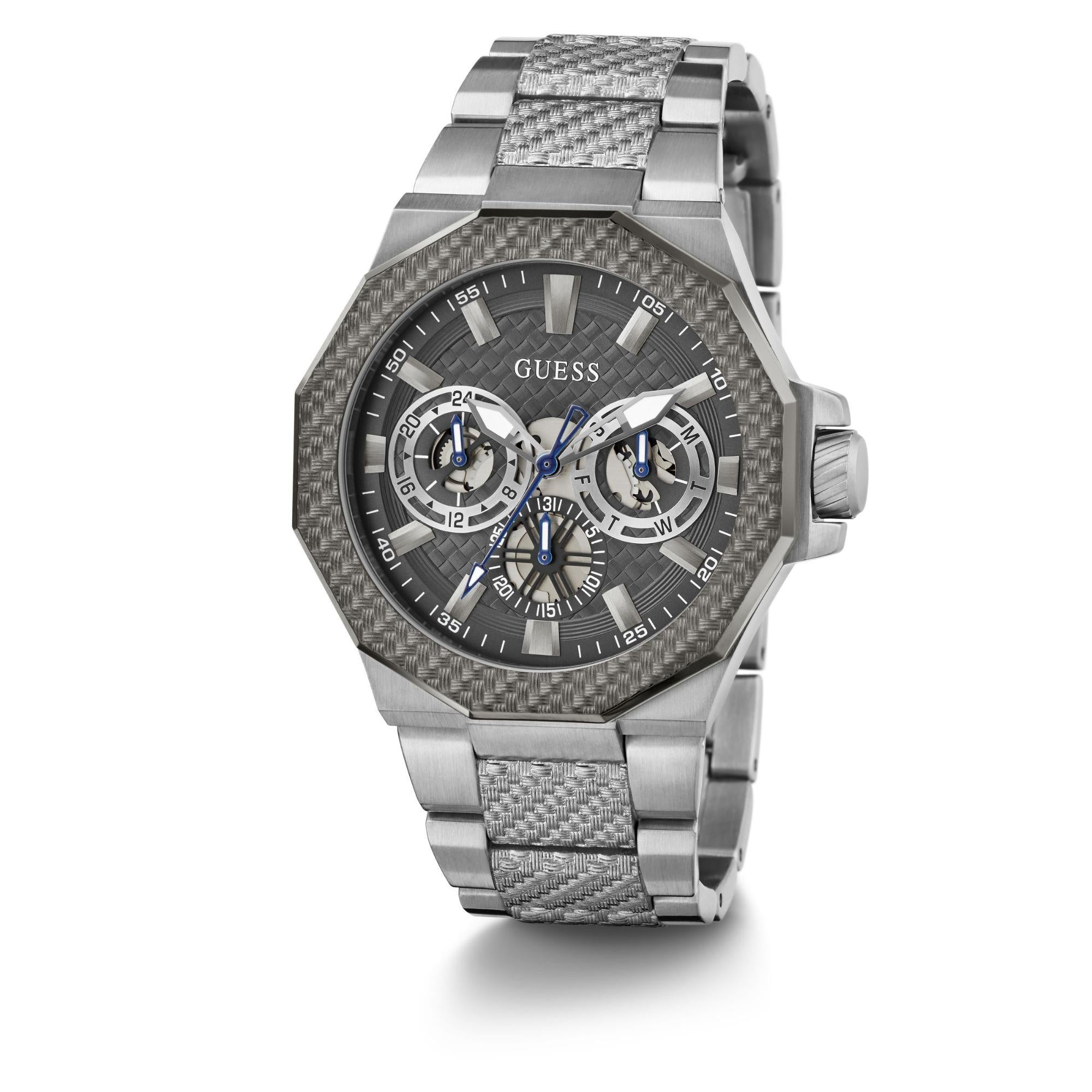 GUESS Silver-Tone Multi-Function Stainless Steel Grey Dial Men's Watch GW0636G1