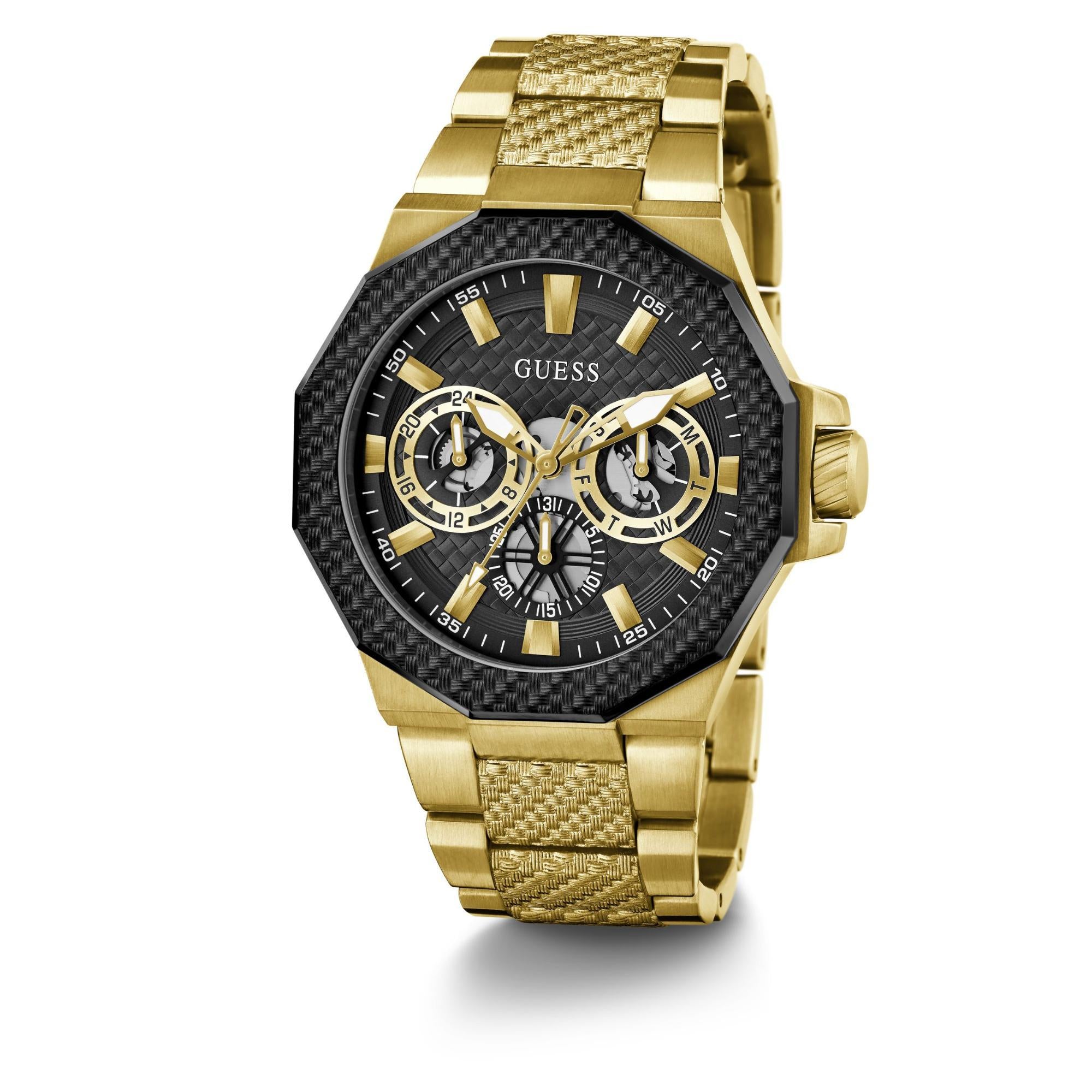 GUESS Gold 2-Tone Multi-Function Stainless Steel Black Dial Men's Watch GW0636G2