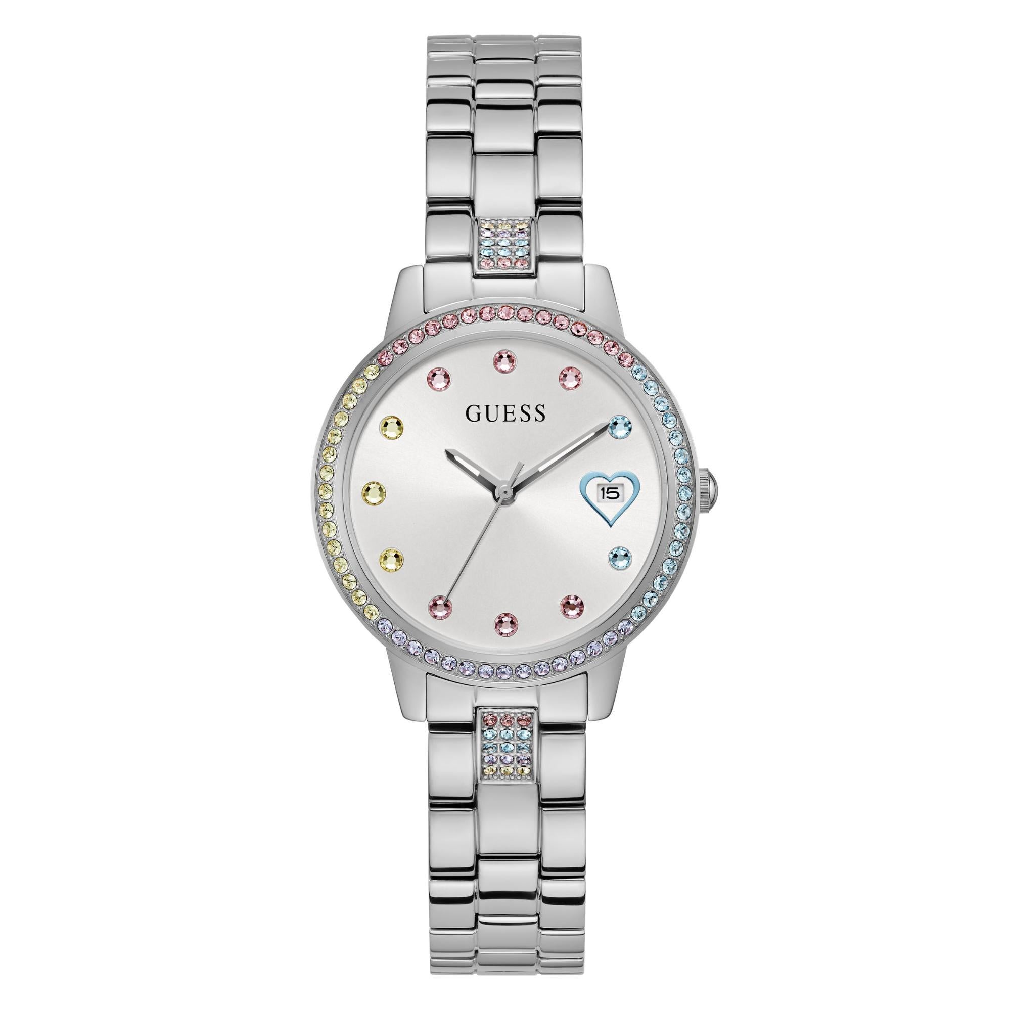 GUESS Silver Tone Date Stainless Steel Silver Dial Ladies Watch GW0657L1